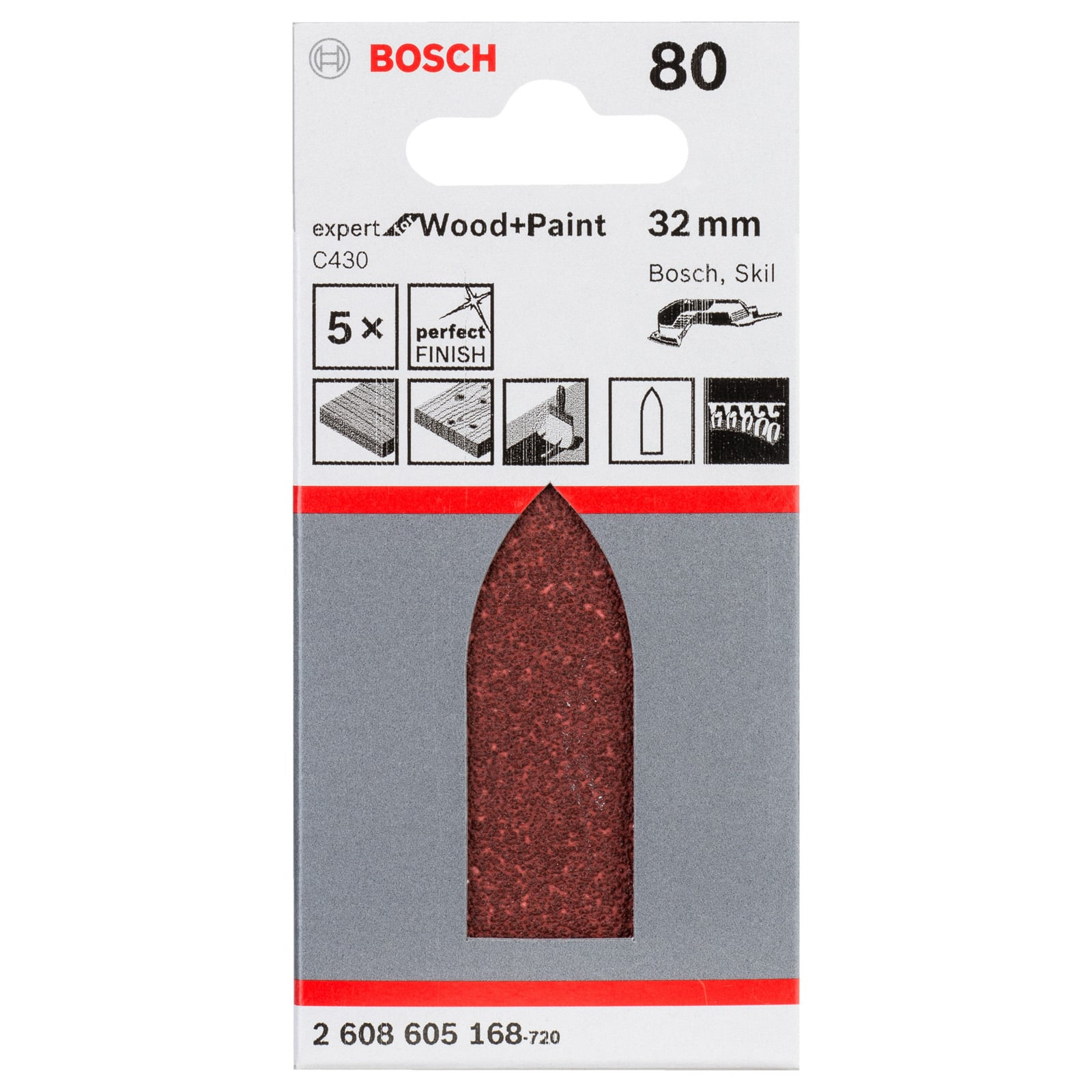 Bosch Schleifblatt Verpackung mit roten Details und Produktabbildung für Holz und Farbe.