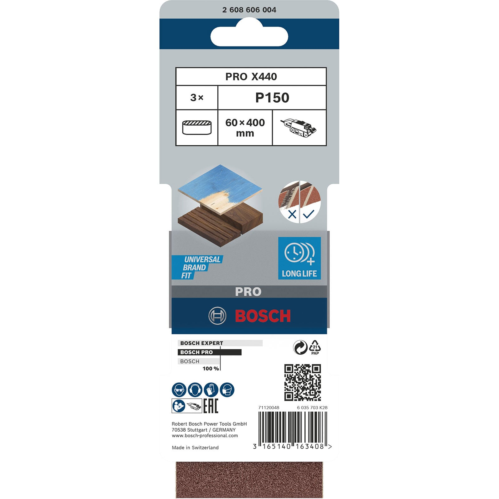 Confezione di nastro abrasivo Bosch PRO X440 P150 con dettagli del prodotto, specifiche e codice a barre.