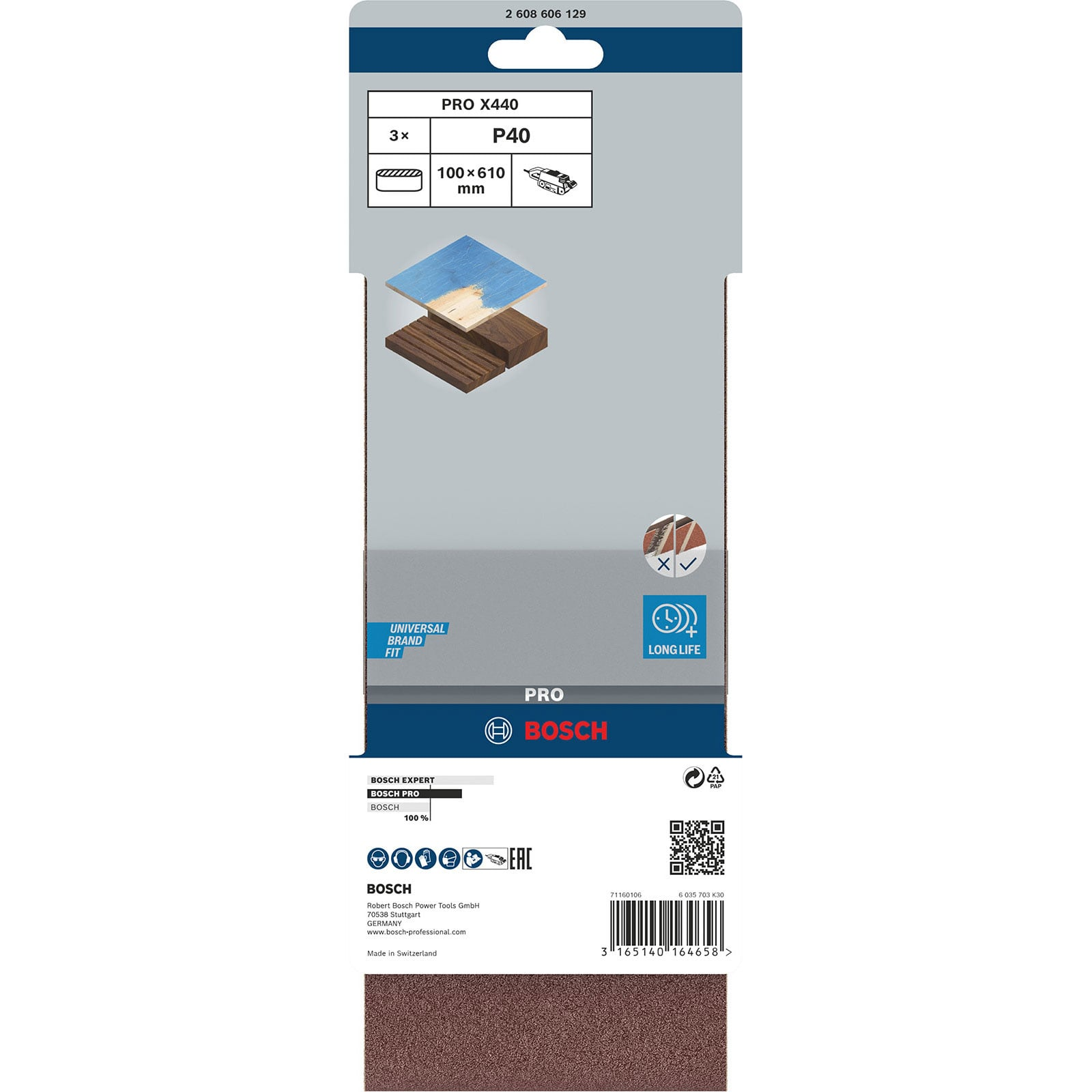 Bosch Schleifband Verpackung mit Produktinformationen und braunem Schleifband.