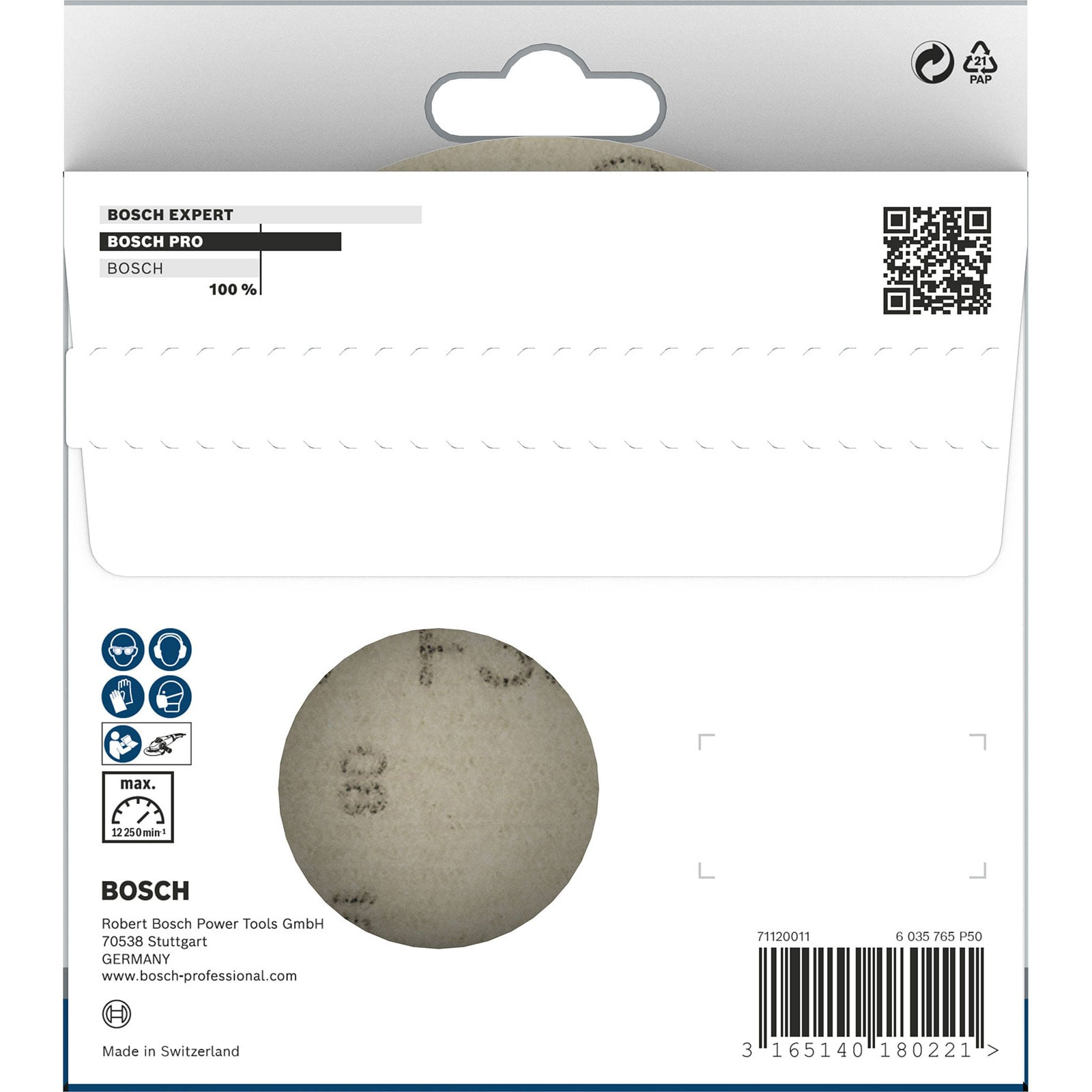 Rückseite einer Bosch Schleifpapierverpackung mit QR-Code, Sicherheitssymbolen und Strichcode.