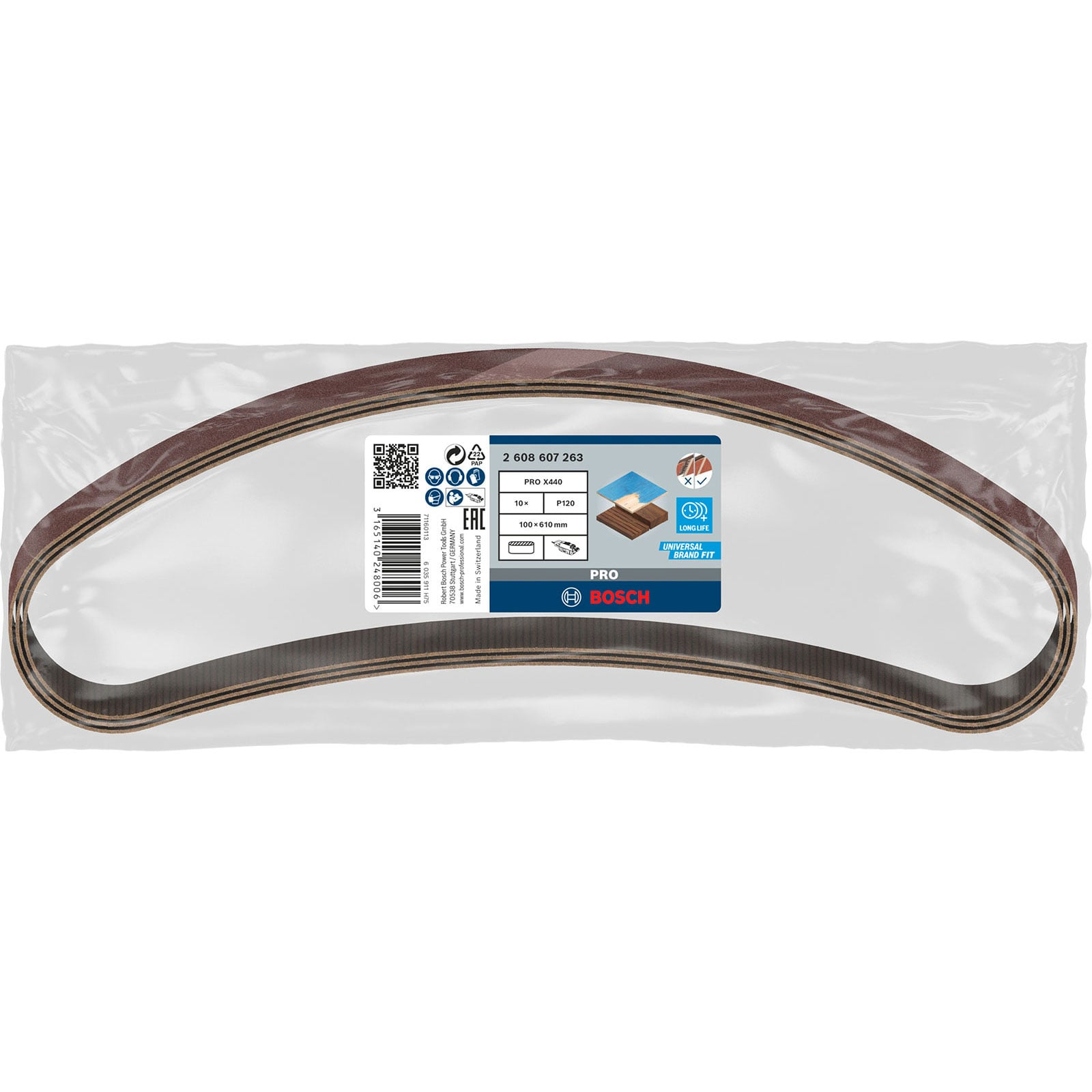 Eine geschwungene Bosch-Schleifbandpackung mit Produktdetails und blau-weißem Etikett.