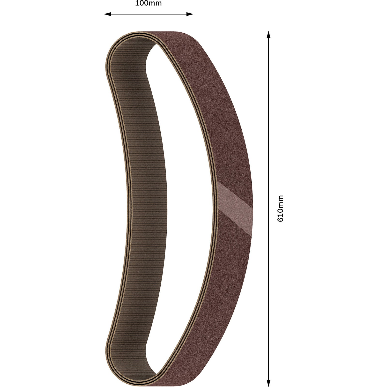 Braunes Schleifband mit Maßen von 100 mm Breite und 610 mm Höhe auf weißem Hintergrund.