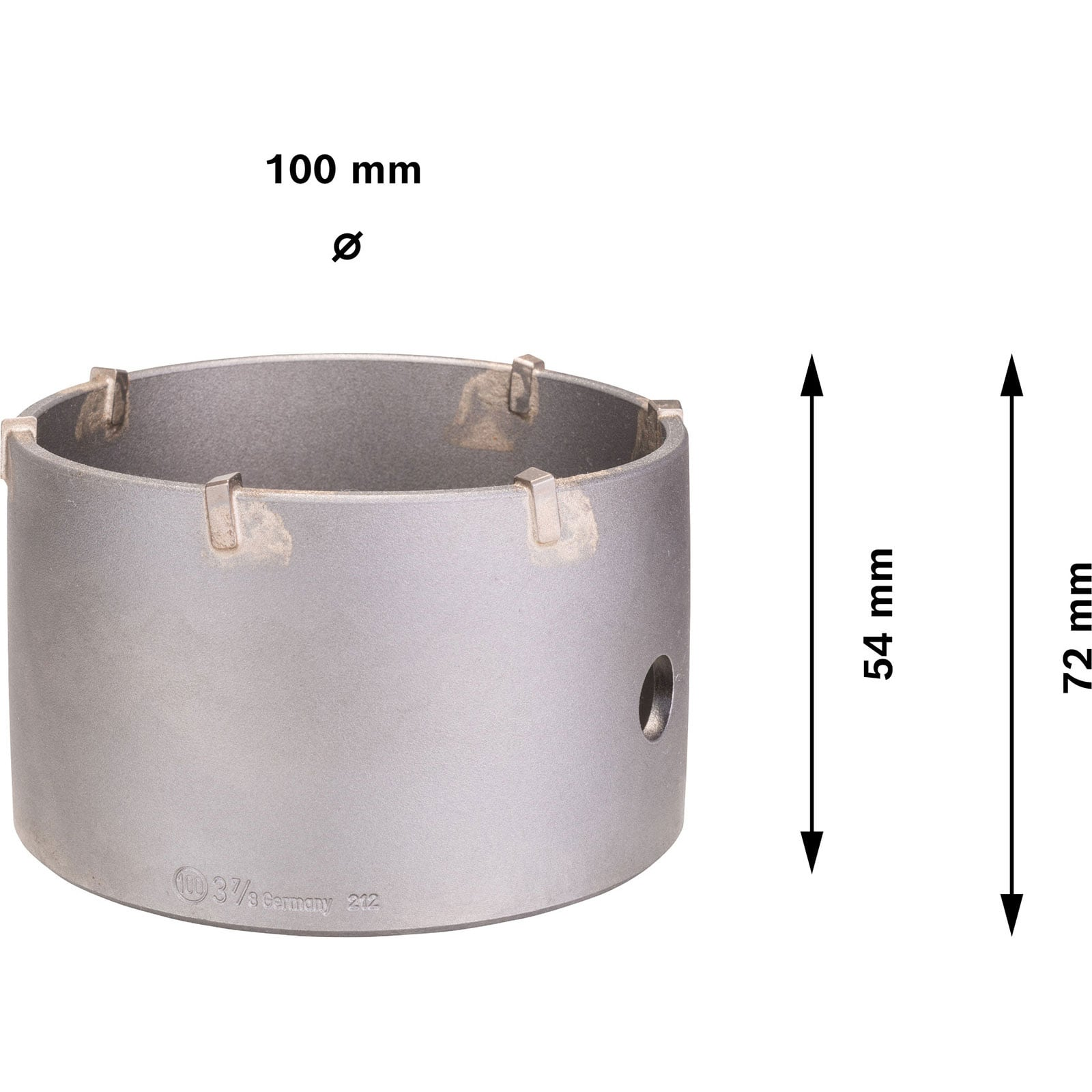 Metallbohrkrone mit 100 mm Durchmesser, 54 mm und 72 mm Höhe auf weißem Hintergrund.