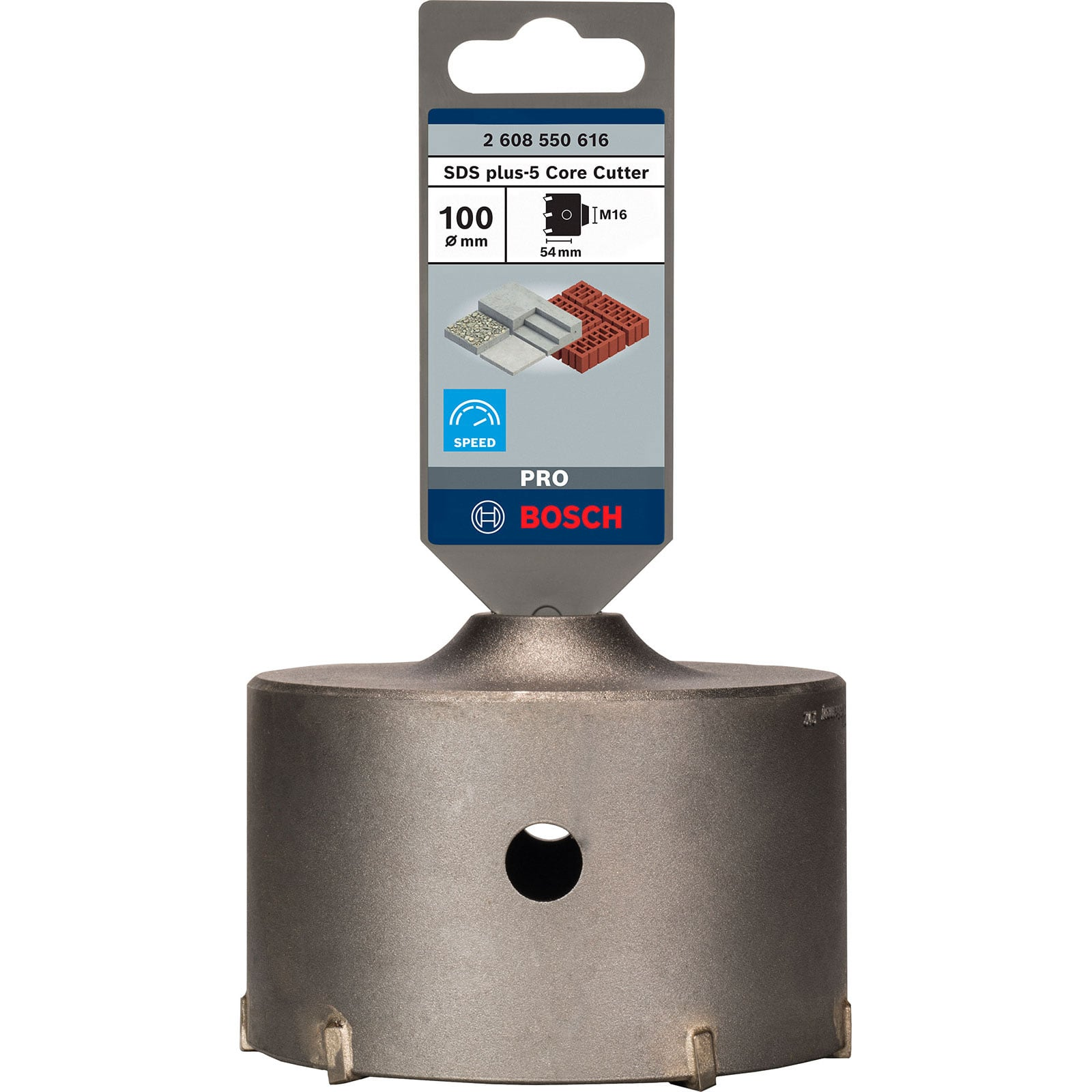 Ein Bosch SDS plus-5 Kernbohrer 100 mm mit Verpackungsetikett zur Materialkompatibilität.