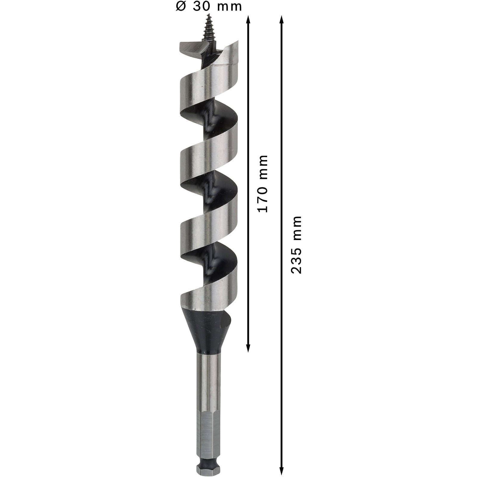 Ein 30 mm Holzbohrer mit bemaßten Angaben: 170 mm Spiralenlänge und 235 mm Gesamtlänge.