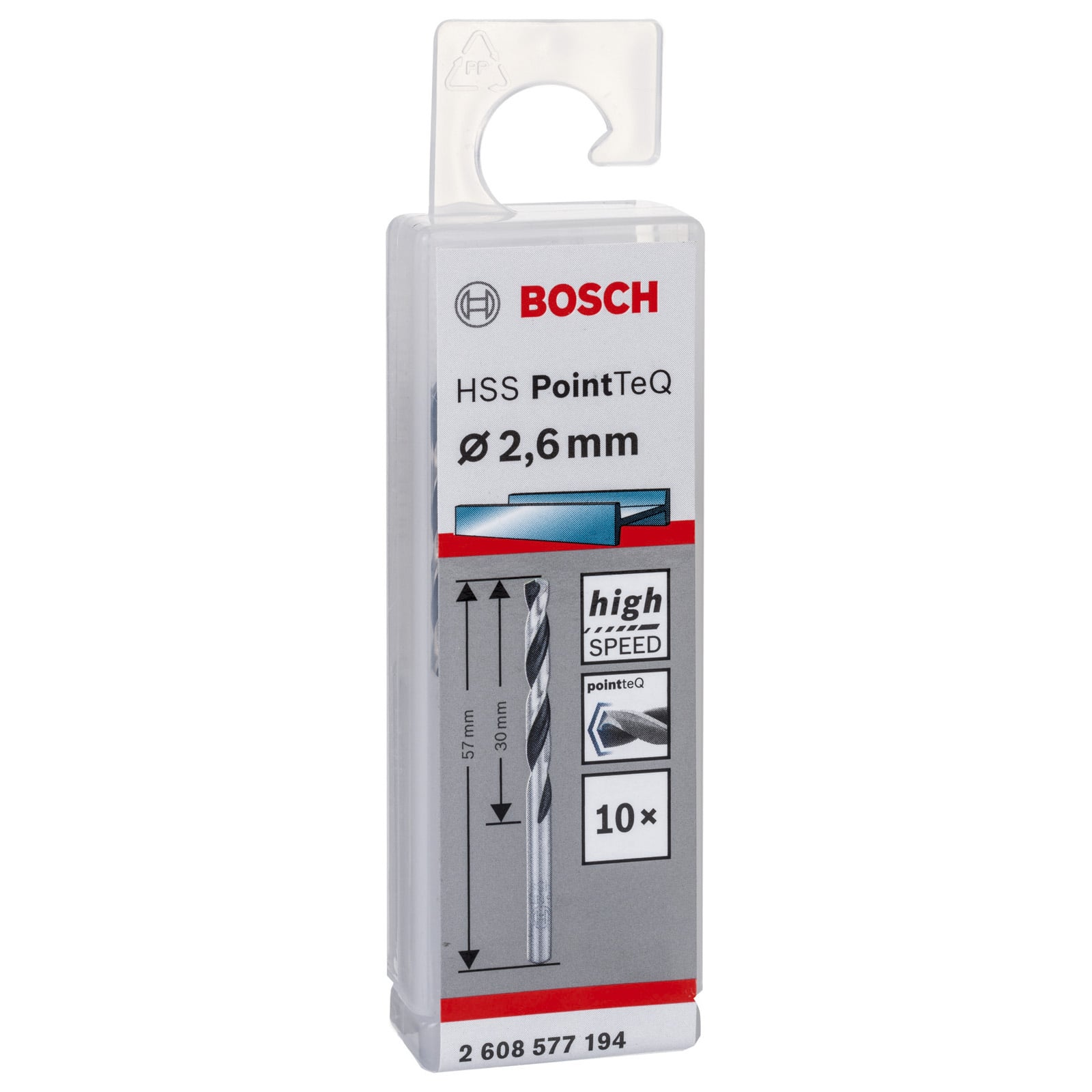 Bosch HSS PointTeQ 2,6 mm Bohrer in transparenter Verpackung mit Aufhängeöse.