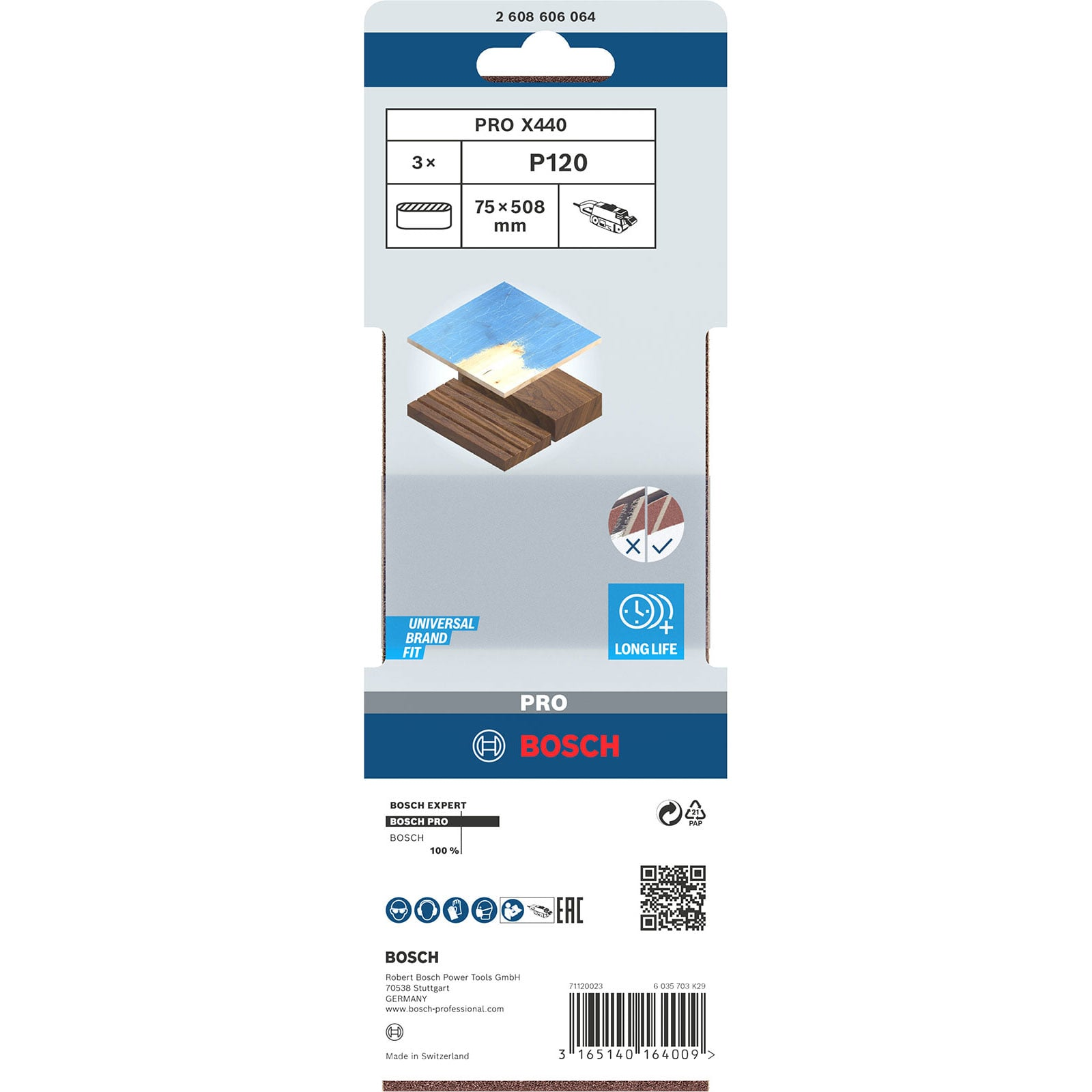 Bosch Schleifband Verpackung mit Produktdetails und Bosch Logo.
