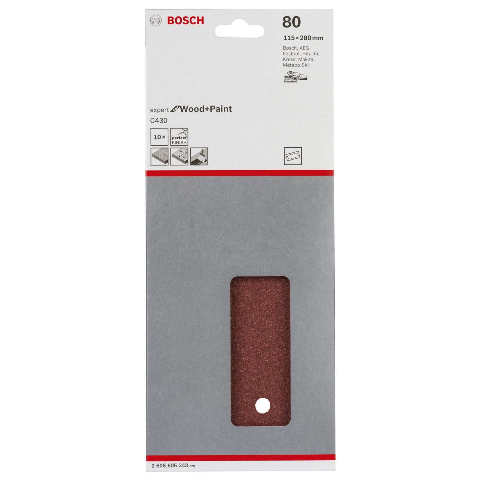 Bosch C430 Expert Holz und Farbe Schleifpapierpackung mit 10 roten Blättern, Körnung 80.
