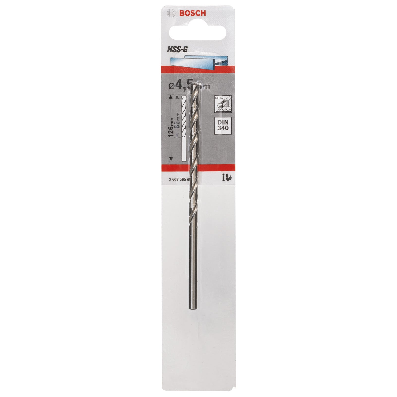 Bosch HSS-G Metallbohrer 4,5mm in Originalverpackung auf weißem Hintergrund.