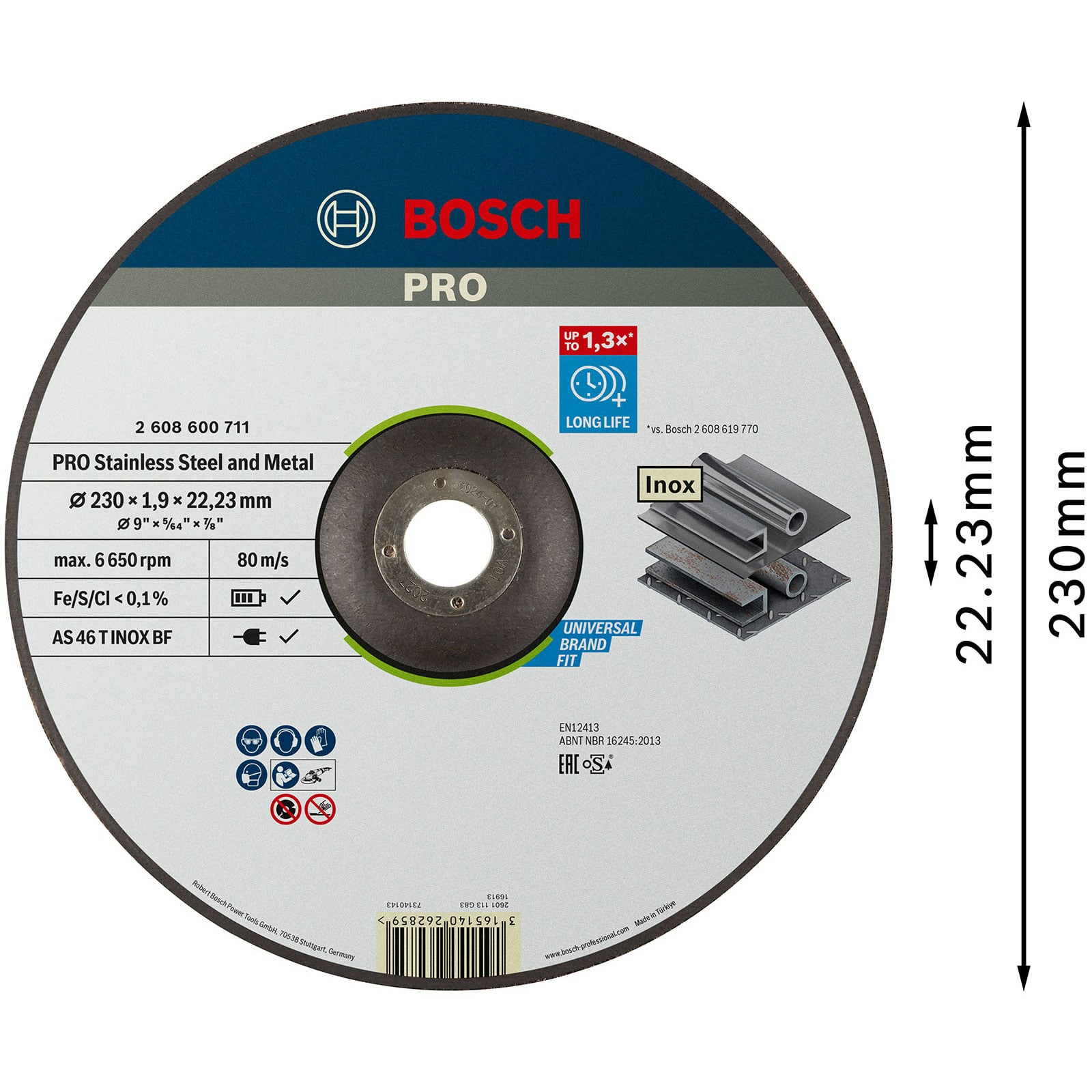 Bosch PRO Edelstahltrennscheibe mit technischen Daten, Maßen und Sicherheitssymbolen.