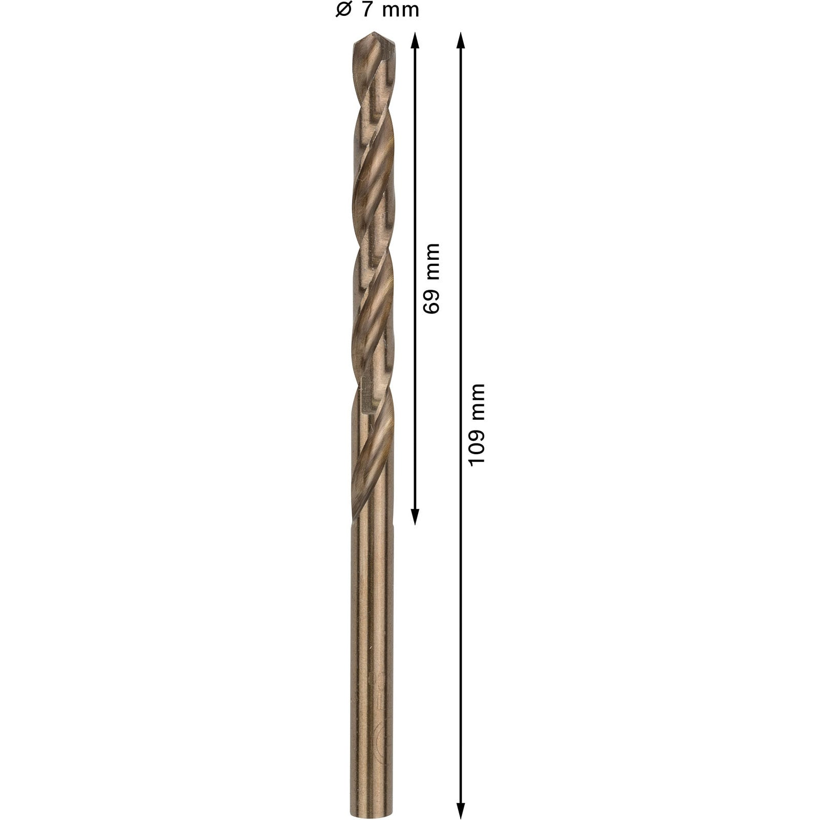 Ein 7 mm Bohrer mit 69 mm Arbeitslänge und 109 mm Gesamtlänge auf weißem Hintergrund.