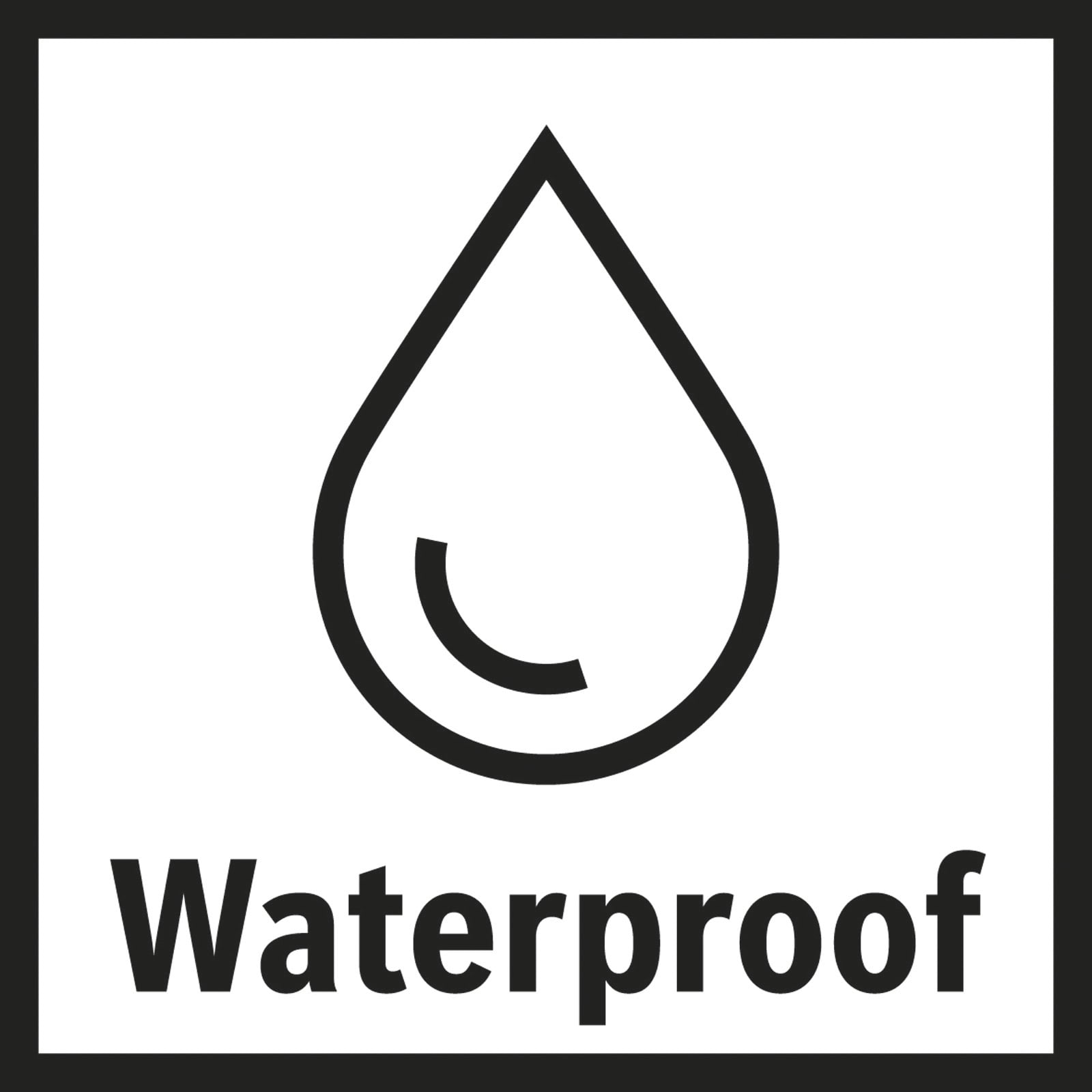 Wasserdicht-Symbol mit einer stilisierten Wassertropfenform und der Aufschrift Waterproof darunter auf weißem Grund.