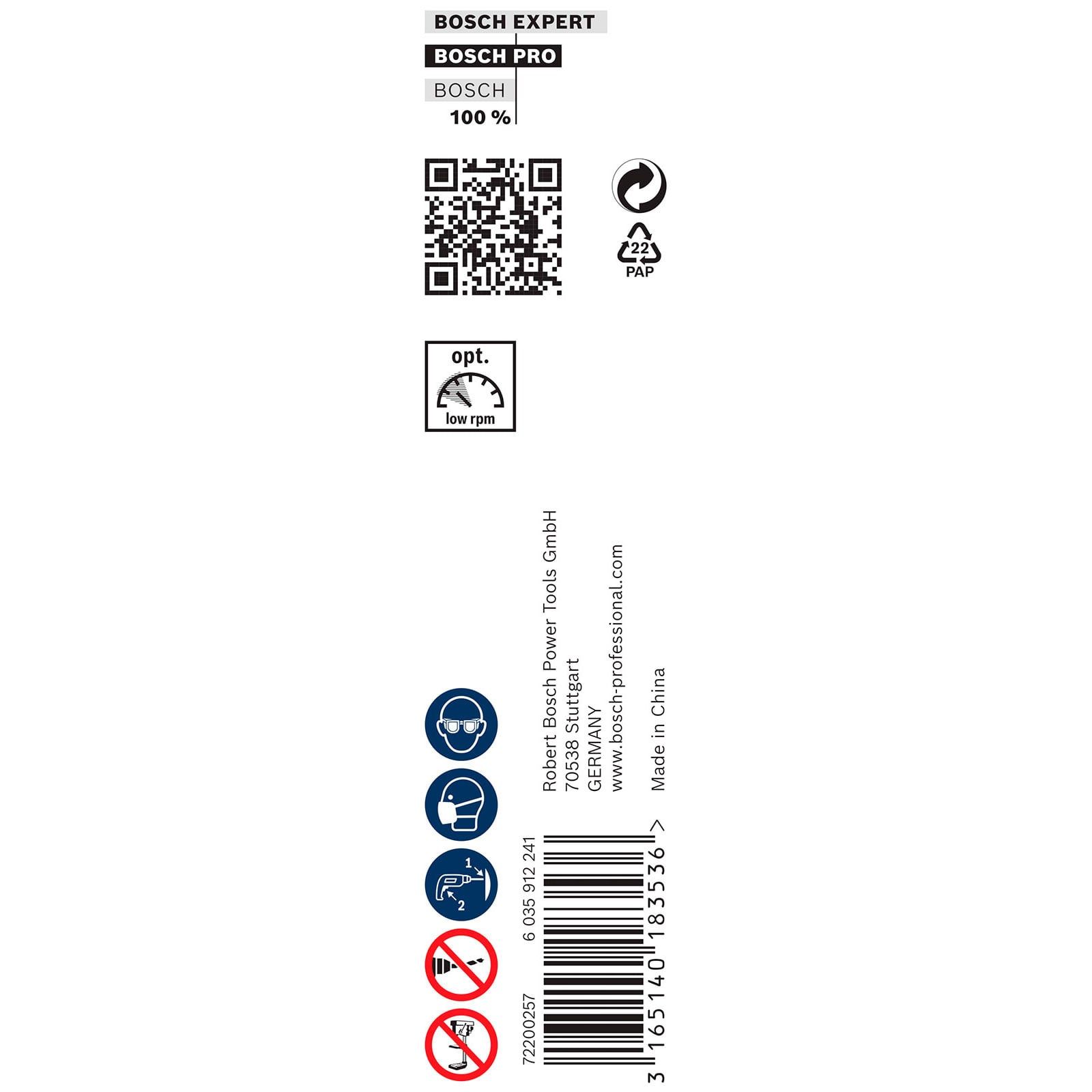 Bosch-Produktetikett mit Sicherheitssymbolen, QR-Code, Firmeninfo und Barcode auf weißem Hintergrund.