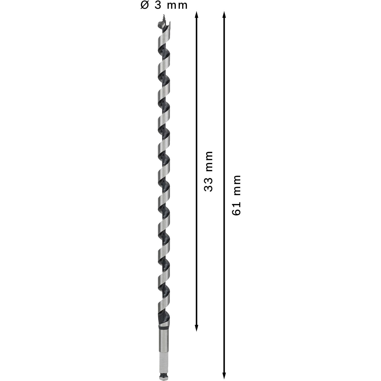 Technische Zeichnung eines 3 mm Spiralbohrers mit Maßen von 33 mm und 61 mm auf weißem Hintergrund.