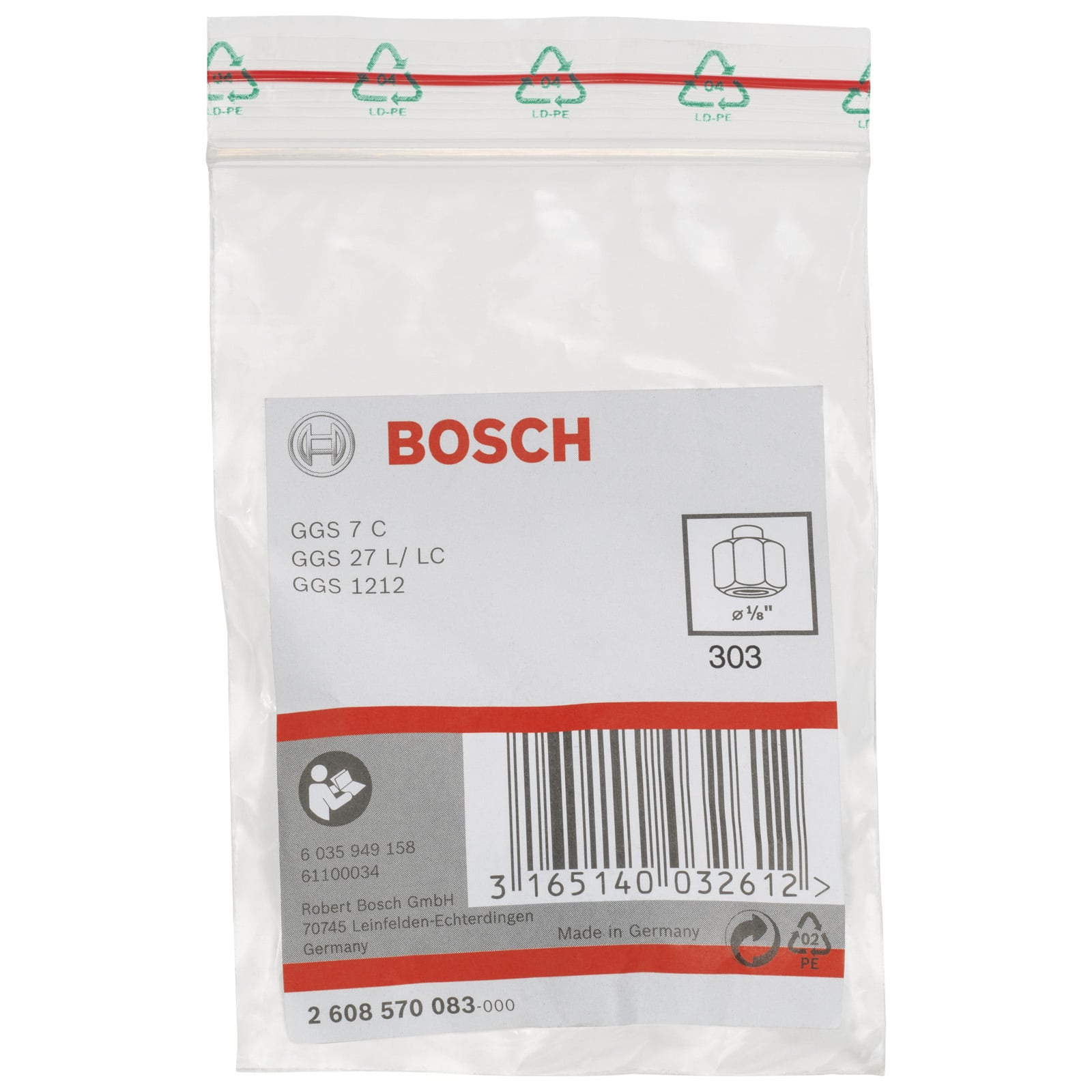 Ein durchsichtiger Bosch-Ersatzteilbeutel aus Kunststoff mit rotem Verschluss, Etikett, Barcode und Teilenummer.