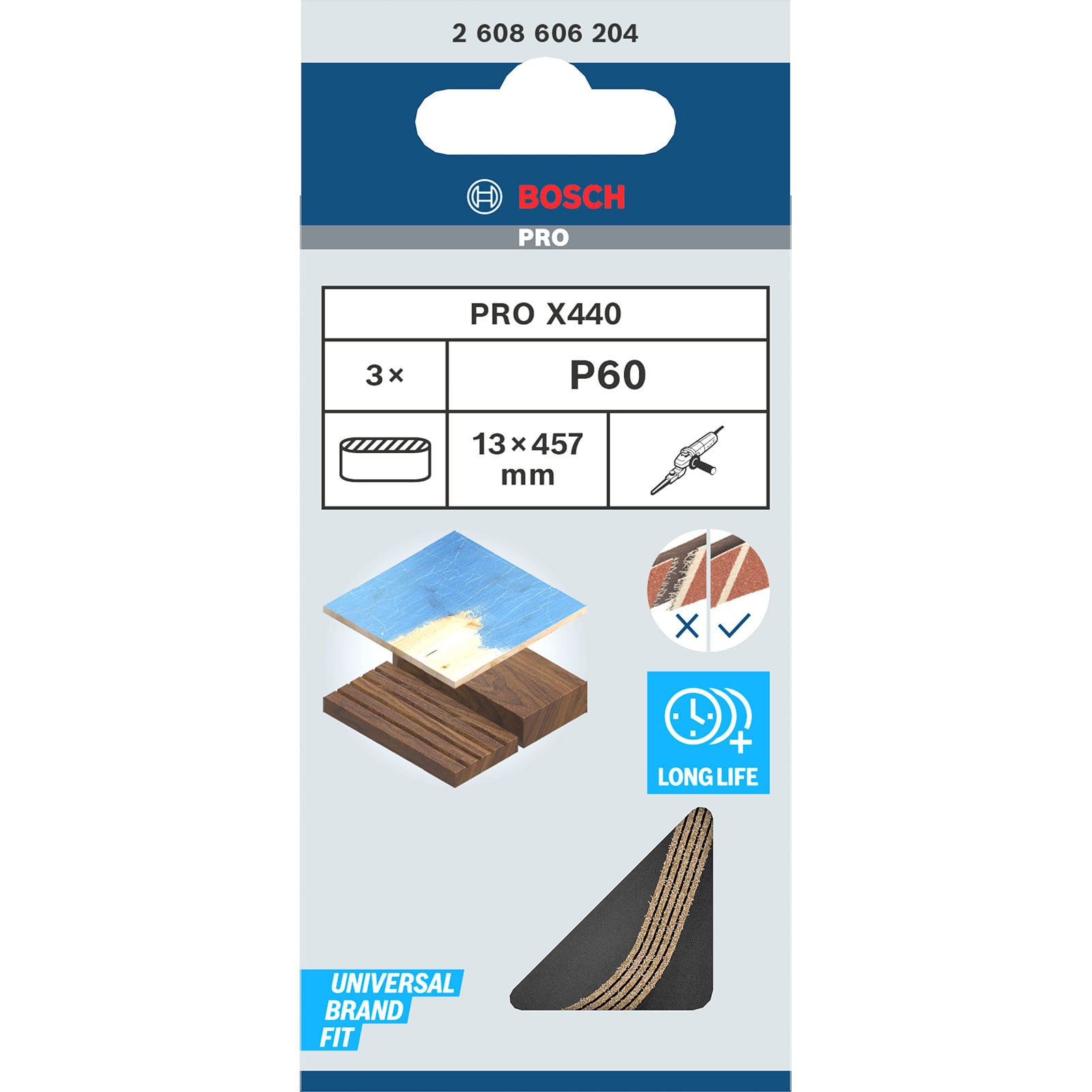 Verpackung von Bosch PRO X440 Schleifbändern, Körnung P60, 13x457 mm, Inhalt 3 Stück.