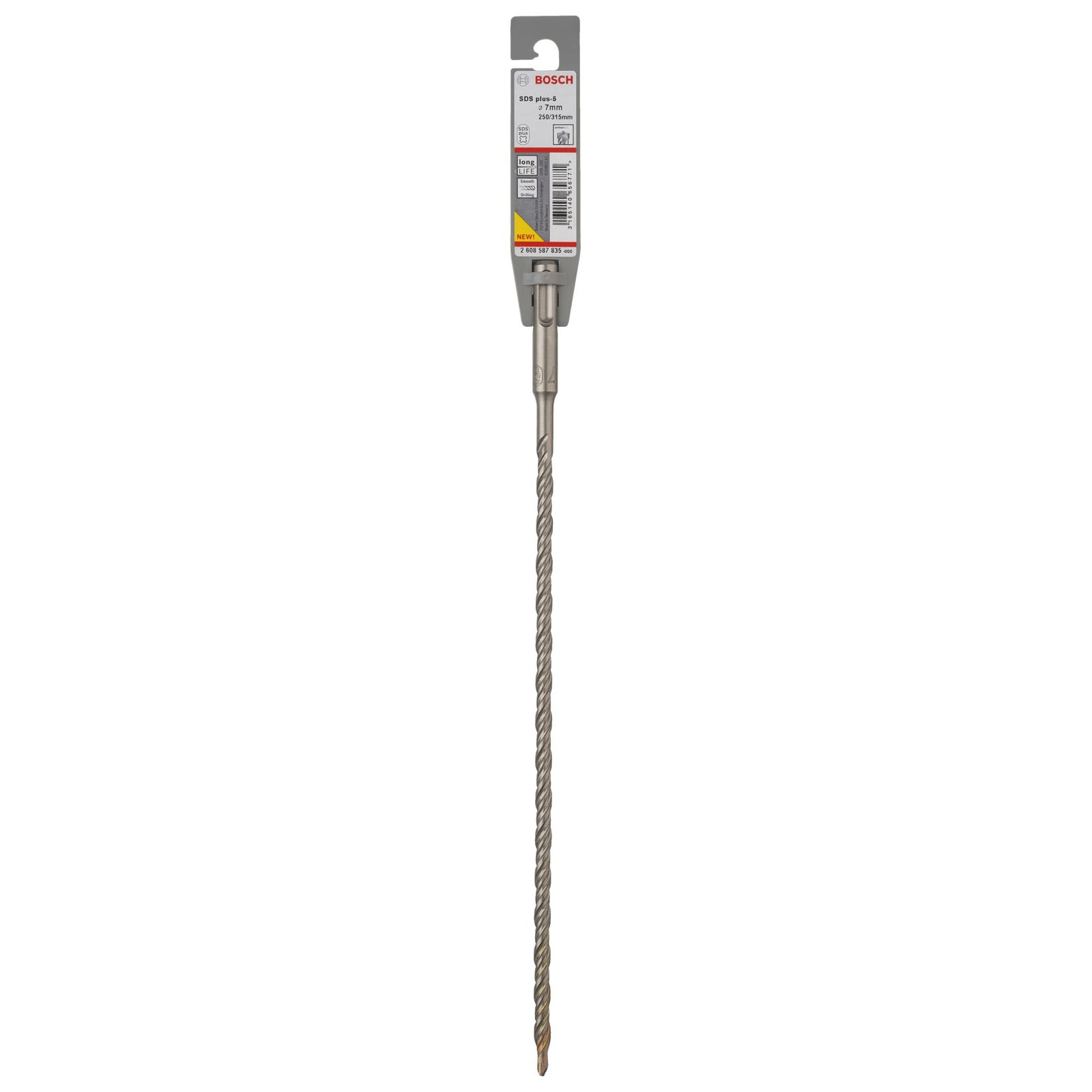 Una punta per trapano Bosch SDS plus-5 nella sua confezione originale su sfondo bianco.