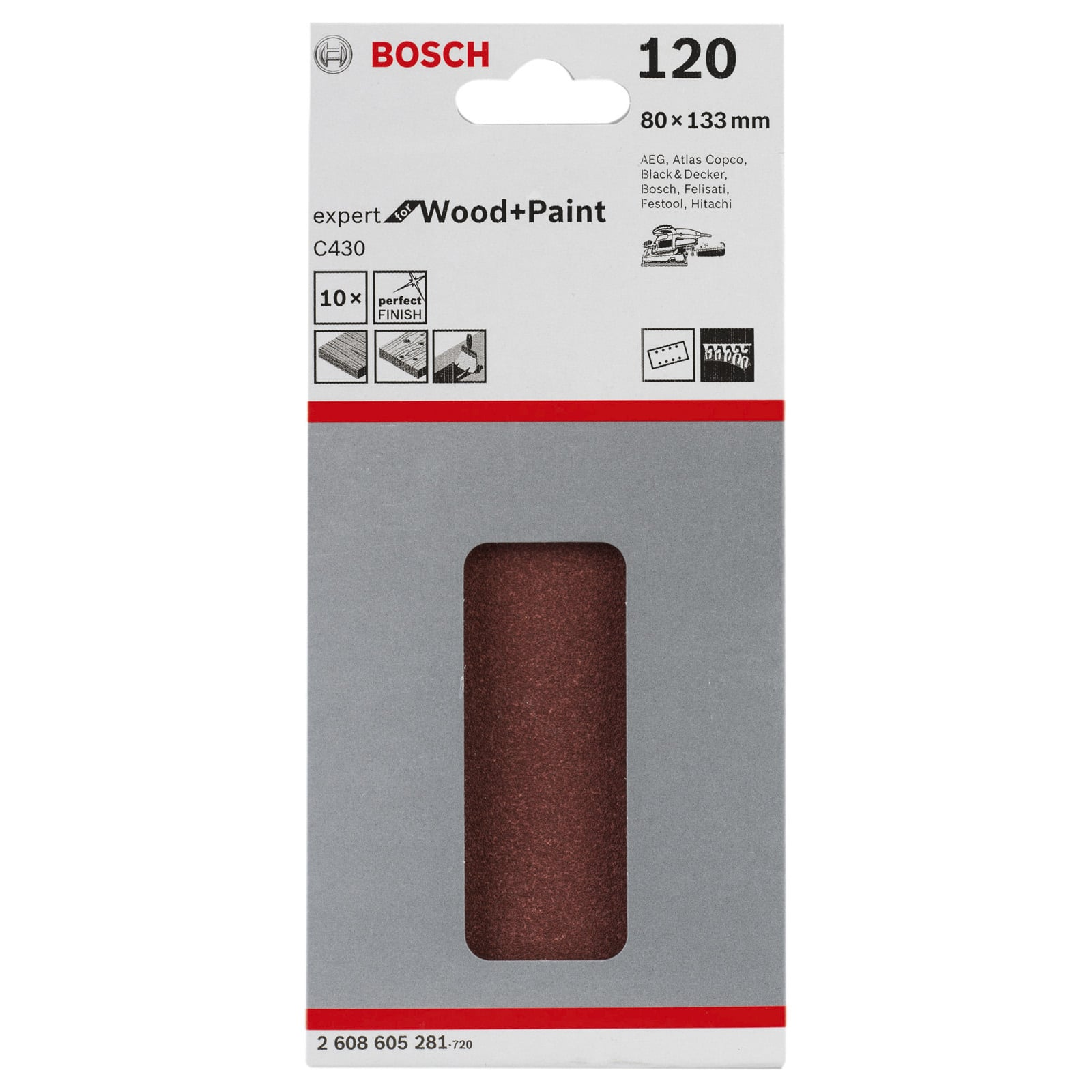 Bosch Expert for Wood and Paint C430 Schleifpapier-Packung, Körnung 120, Größe 80x133mm, 10 Stück.