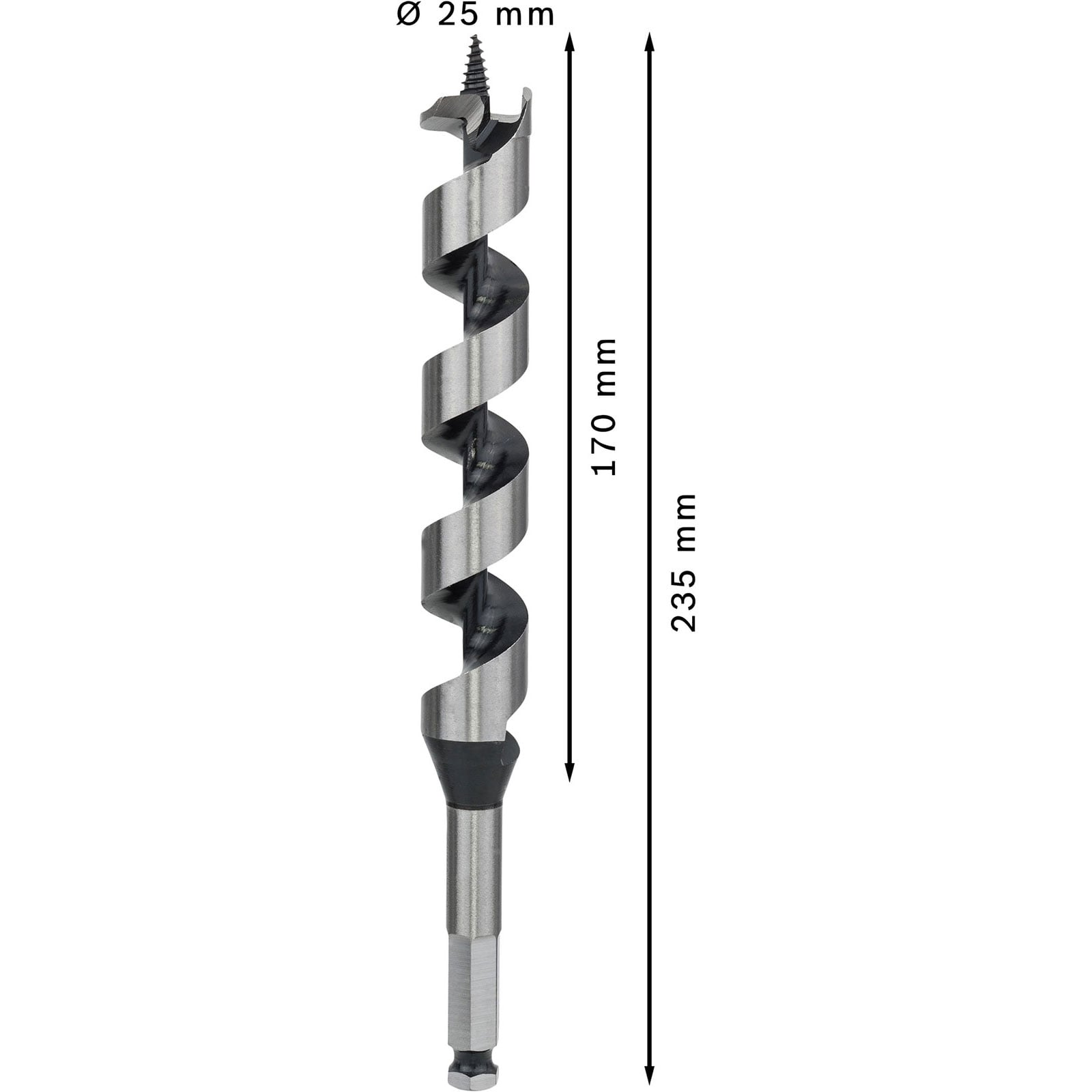 Technische Zeichnung eines 25 mm Holzbohrers mit einer Länge von 235 mm und einer Nutzlänge von 170 mm.
