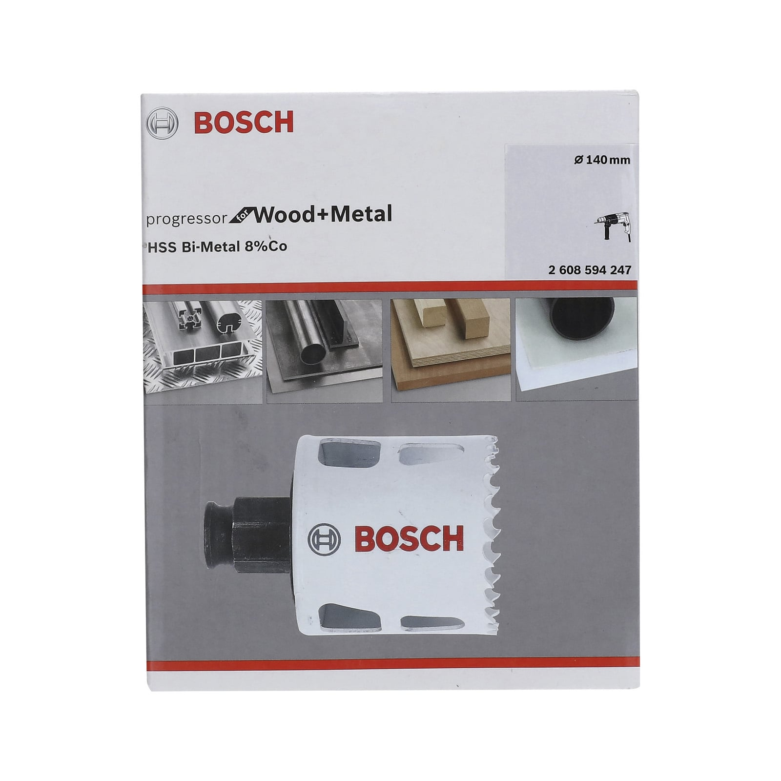 Bosch Lochsäge Verpackung mit weißem Bi-Metal HSS Lochsägenaufsatz.