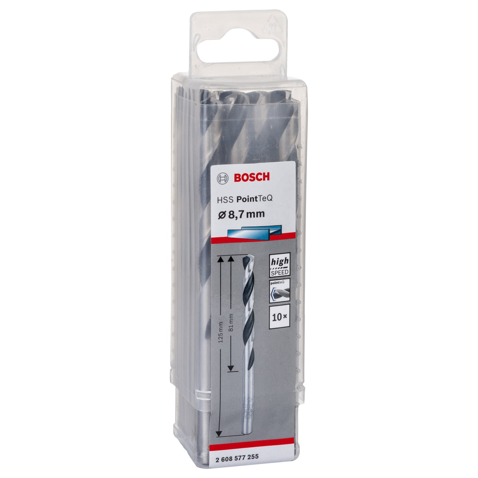 Eine transparente Kunststoffverpackung mit zehn Bosch HSS PointTeQ 8,7 mm Bohrern vor weißem Hintergrund.