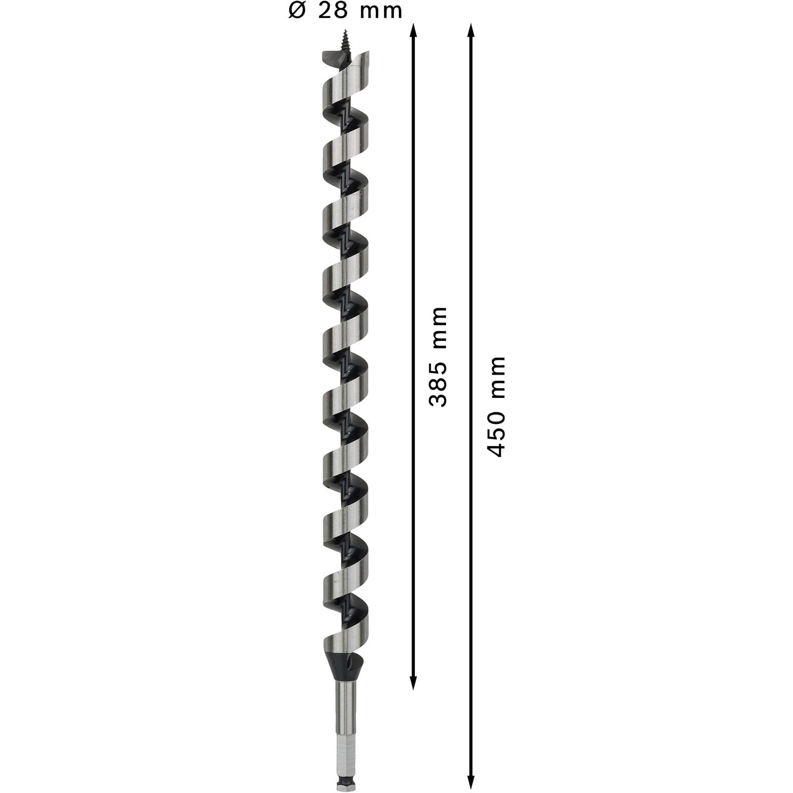 Technische Zeichnung eines 28 mm breiten und 450 mm langen Schlangenbohrers mit Maßangaben vor weißem Hintergrund.