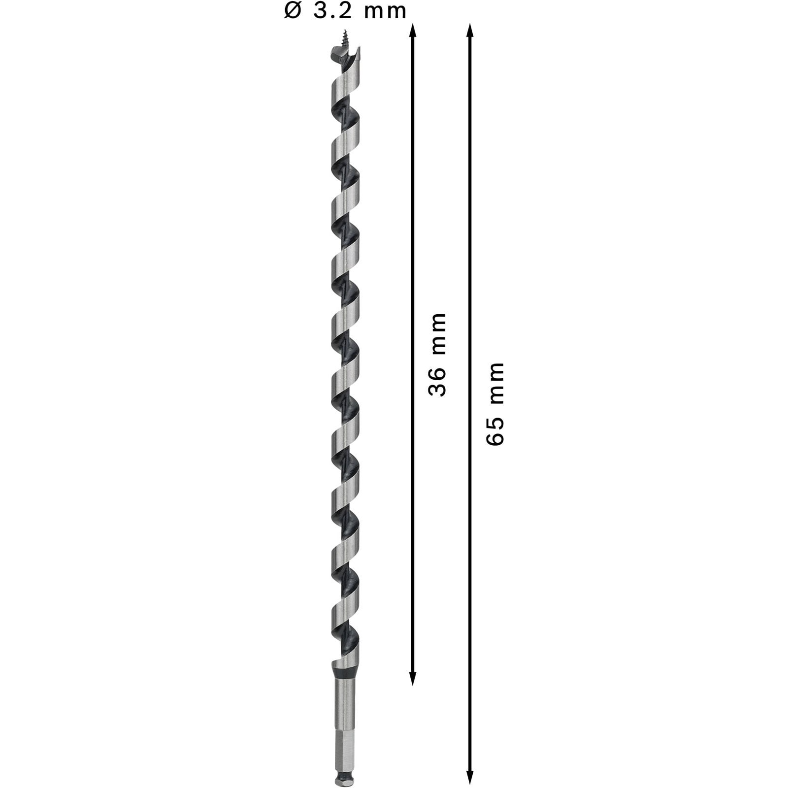 Langer Holzspiralbohrer mit 3,2 mm Durchmesser, 36 mm und 65 mm Längenangaben auf weißem Hintergrund.