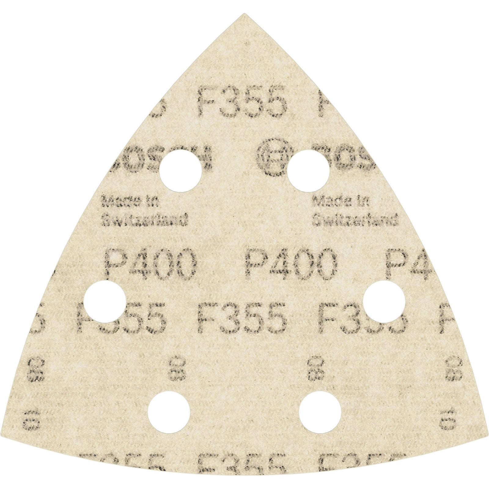 Dreieckiges gelbes Schleifpapier mit sechs Löchern und schwarzer Aufschrift Bosch P400 F355.