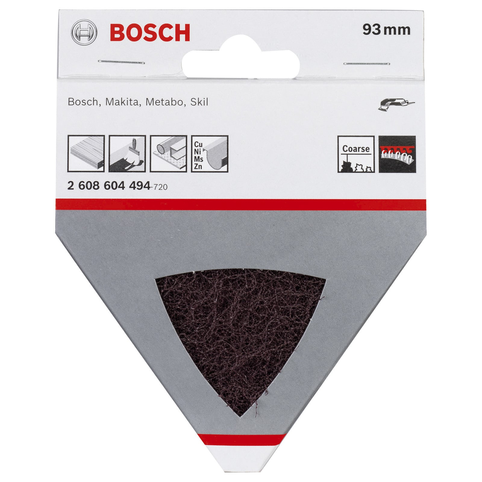 Tampon de ponçage triangulaire grossier Bosch 93 mm dans son emballage avec logo.