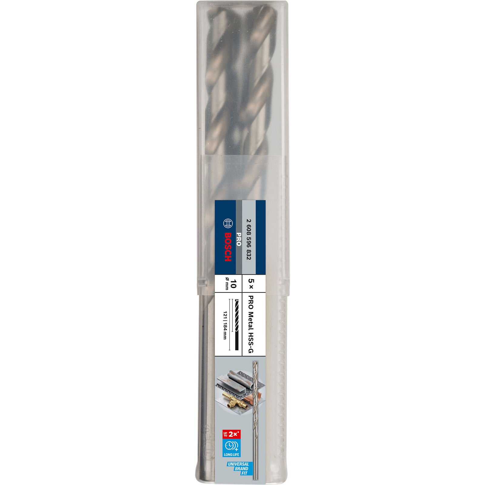 Ein durchsichtiger Koffer mit fünf Bosch-Metallbohrern, beschriftet mit PRO Metal HSS-G.