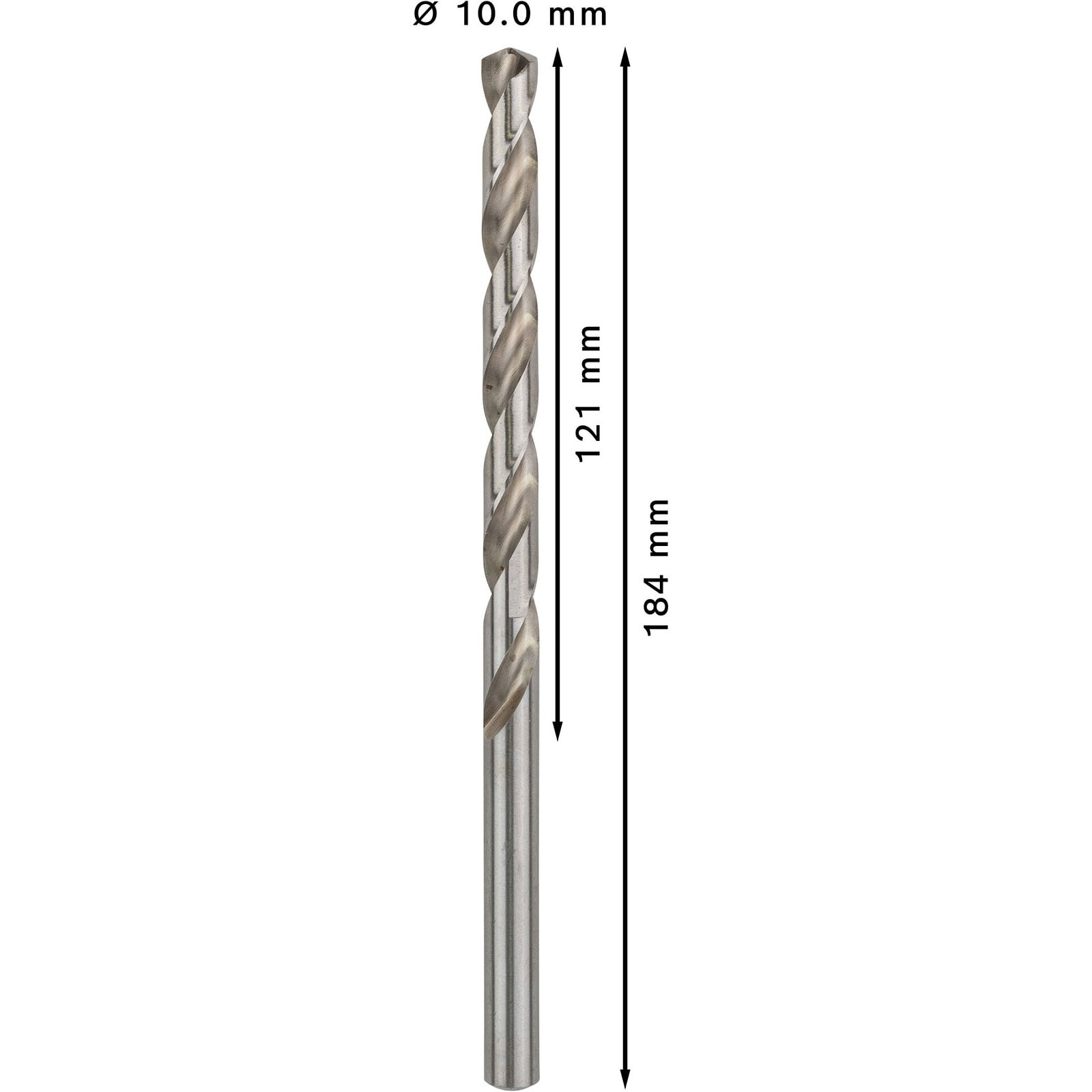 Ein 10,0 mm Spiralbohrer mit Maßangaben von 121 mm und 184 mm.