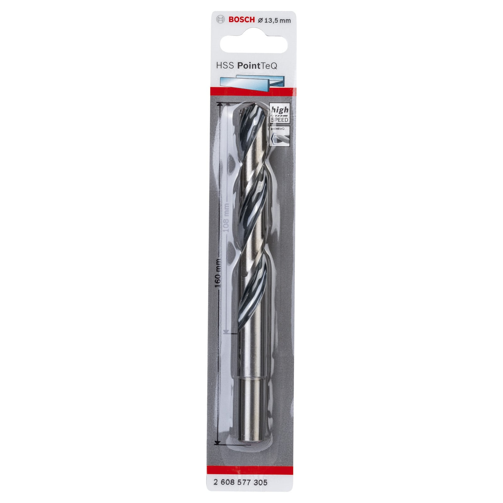 Wiertło do metalu Bosch HSS PointTeQ 13,5 mm w oryginalnym opakowaniu z wymiarami.