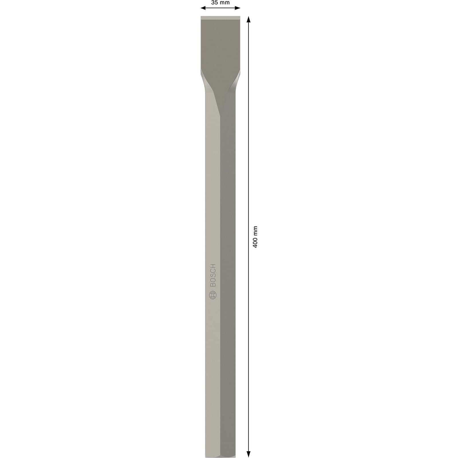Düz arka plan üzerinde ölçü göstergeleri olan, 400 mm uzunluğunda ve 35 mm genişliğinde gri Bosch yassı keski.