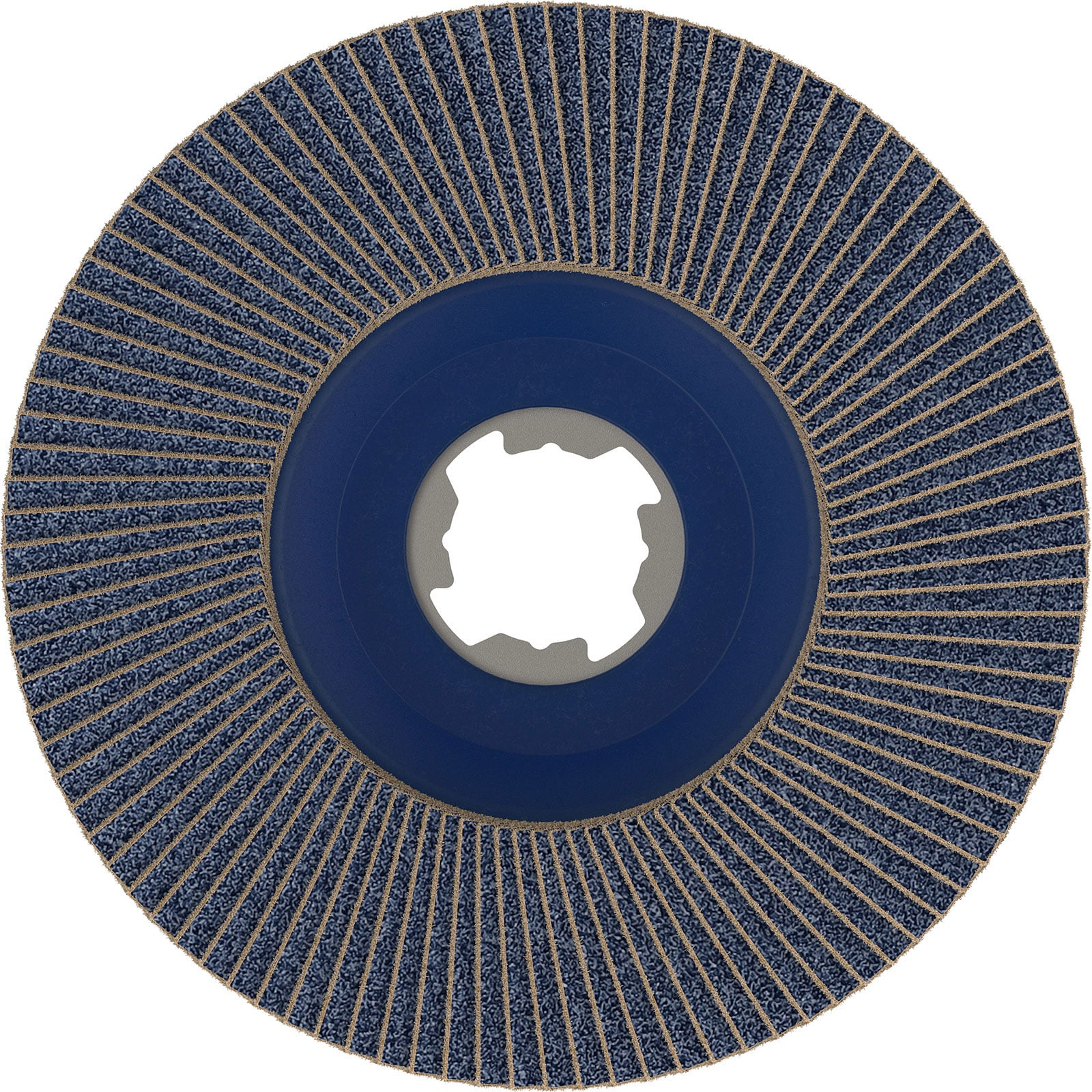 Disque à lamelles bleu avec des lamelles abrasives brunes et un trou central sur fond blanc.