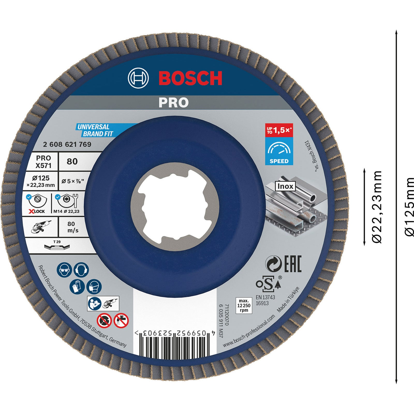 Disque à lamelles bleu Bosch PRO avec dimensions et détails techniques.