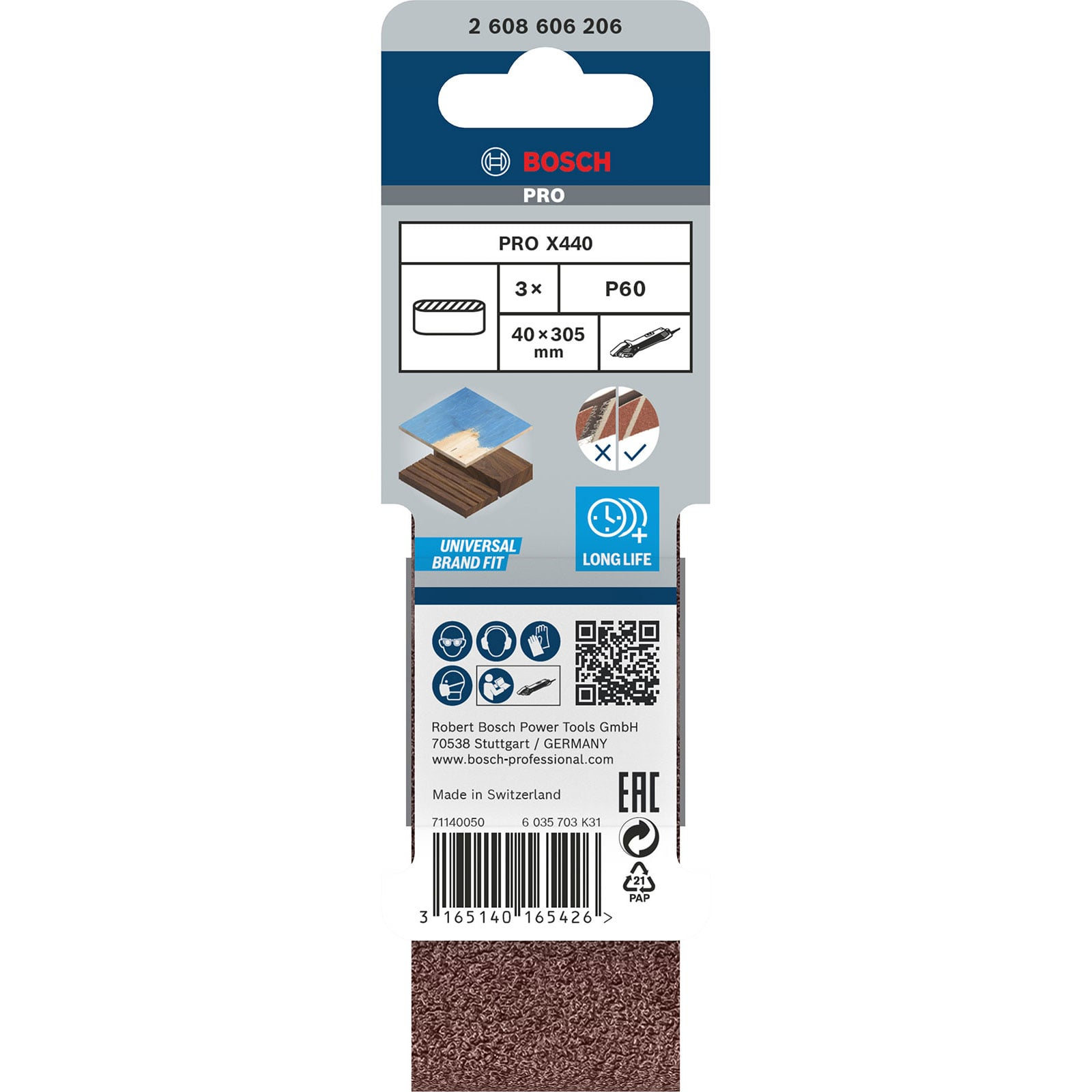 Bosch PRO X440 Schleifband Verpackung mit Produktdetails und Strichcode.