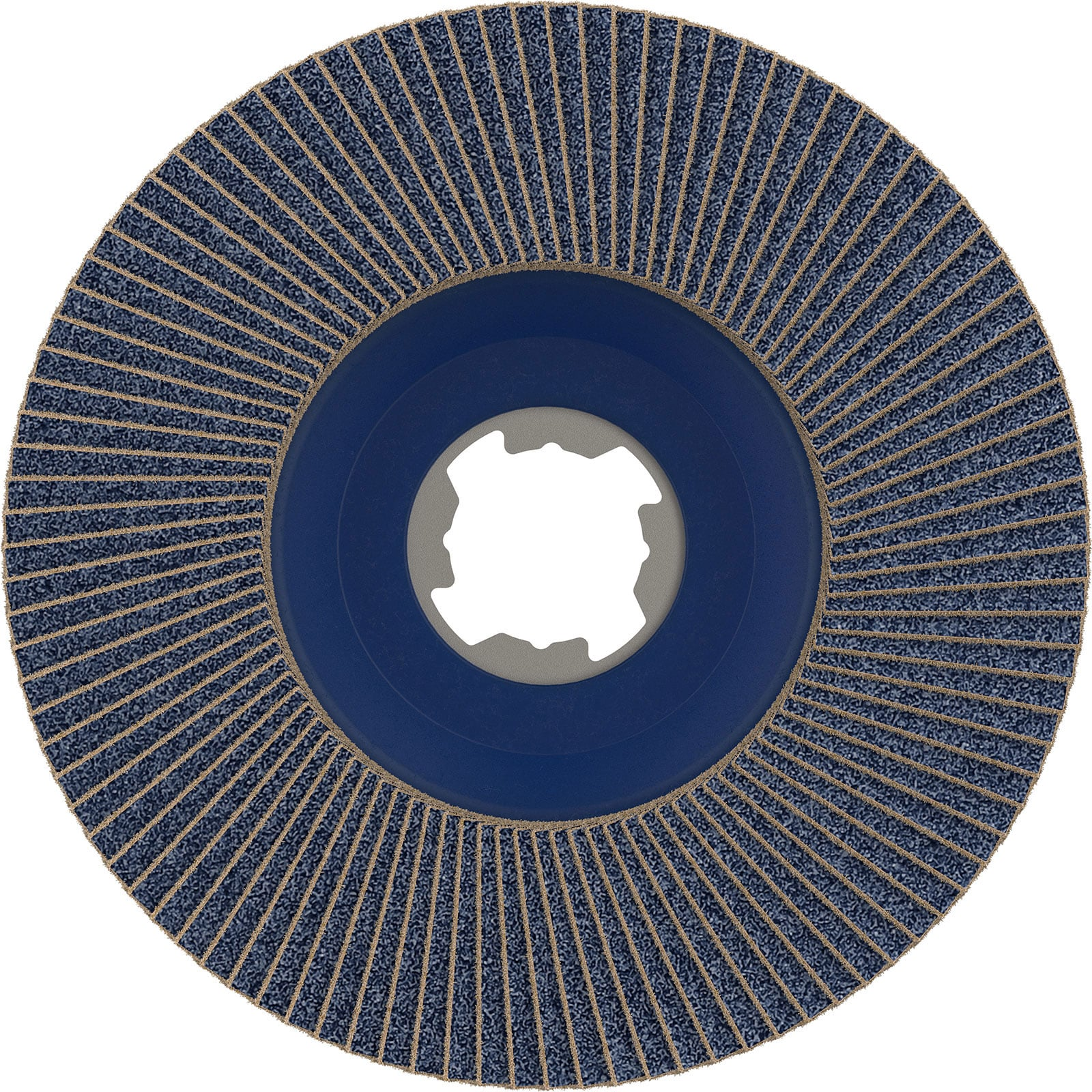 Blaue Schleifscheibe mit radialen Lamellen und zentraler Öffnung.