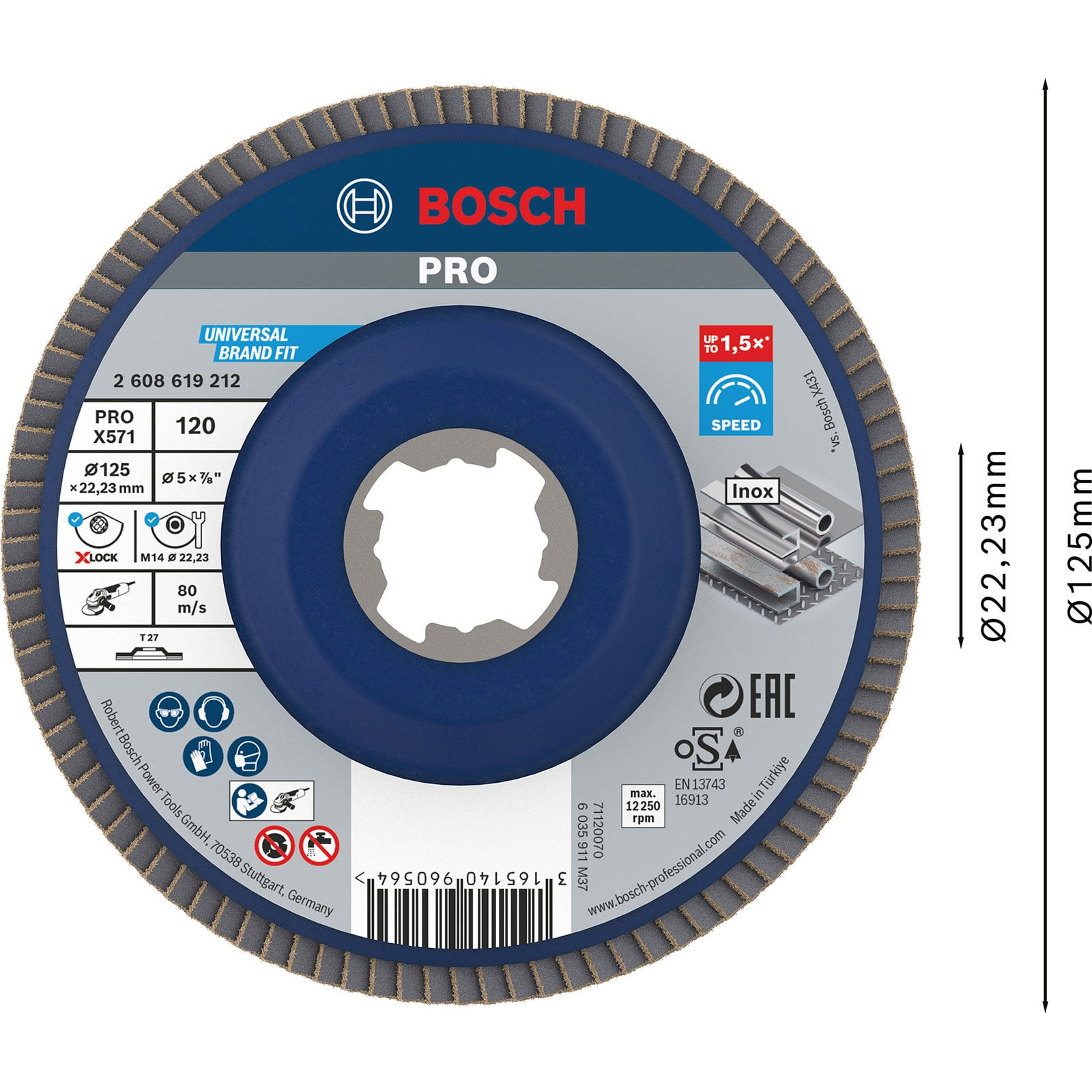 Bosch PRO Fächerscheibe mit blauem Zentrum und technischen Spezifikationen sowie Messangaben an der Seite.