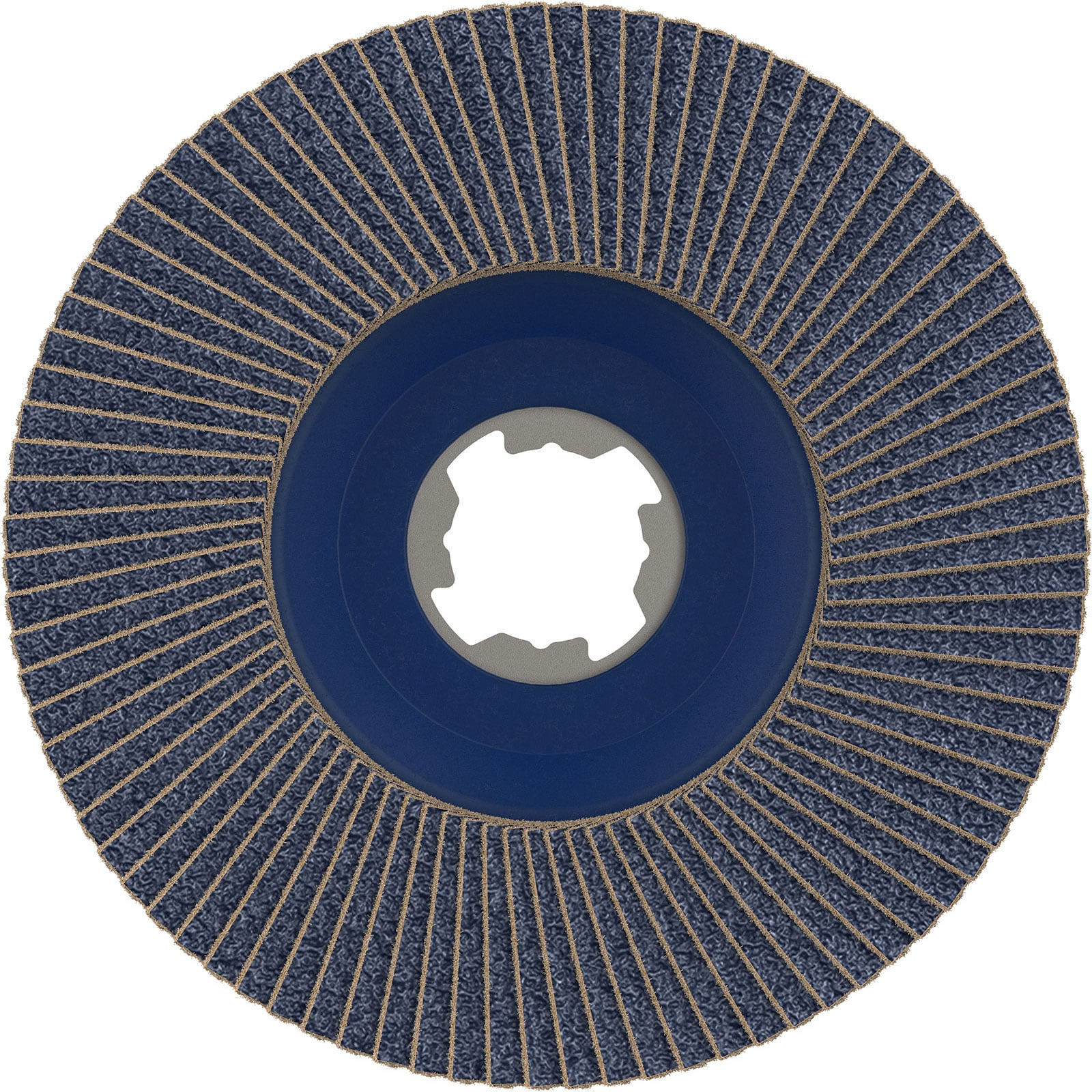 Eine kreisrund blaue Fächerscheibe mit Mittelloch und vielen radial angeordneten Schleiflamellen.