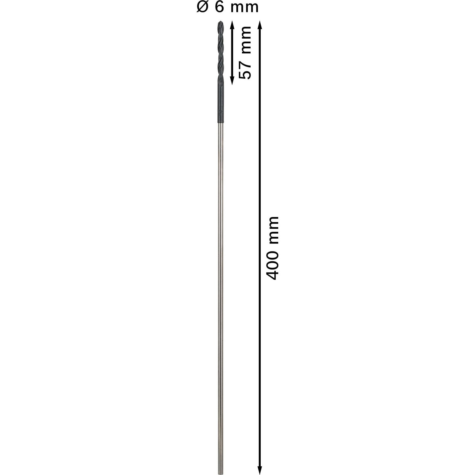 Technische Zeichnung eines 6 mm Bohrers mit 57 mm Bohrlänge und 400 mm Gesamtlänge.
