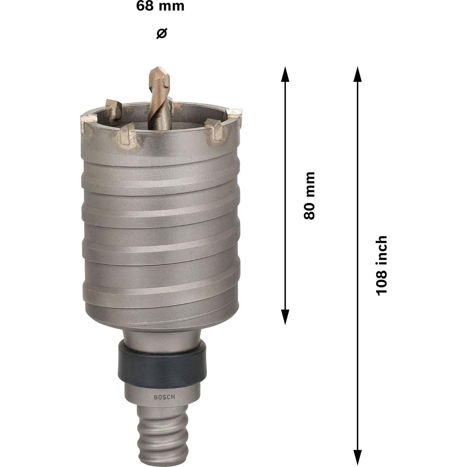 Bosch Lochsäge mit 68 mm Durchmesser und 80 mm Länge auf weißem Hintergrund mit Maßangaben.