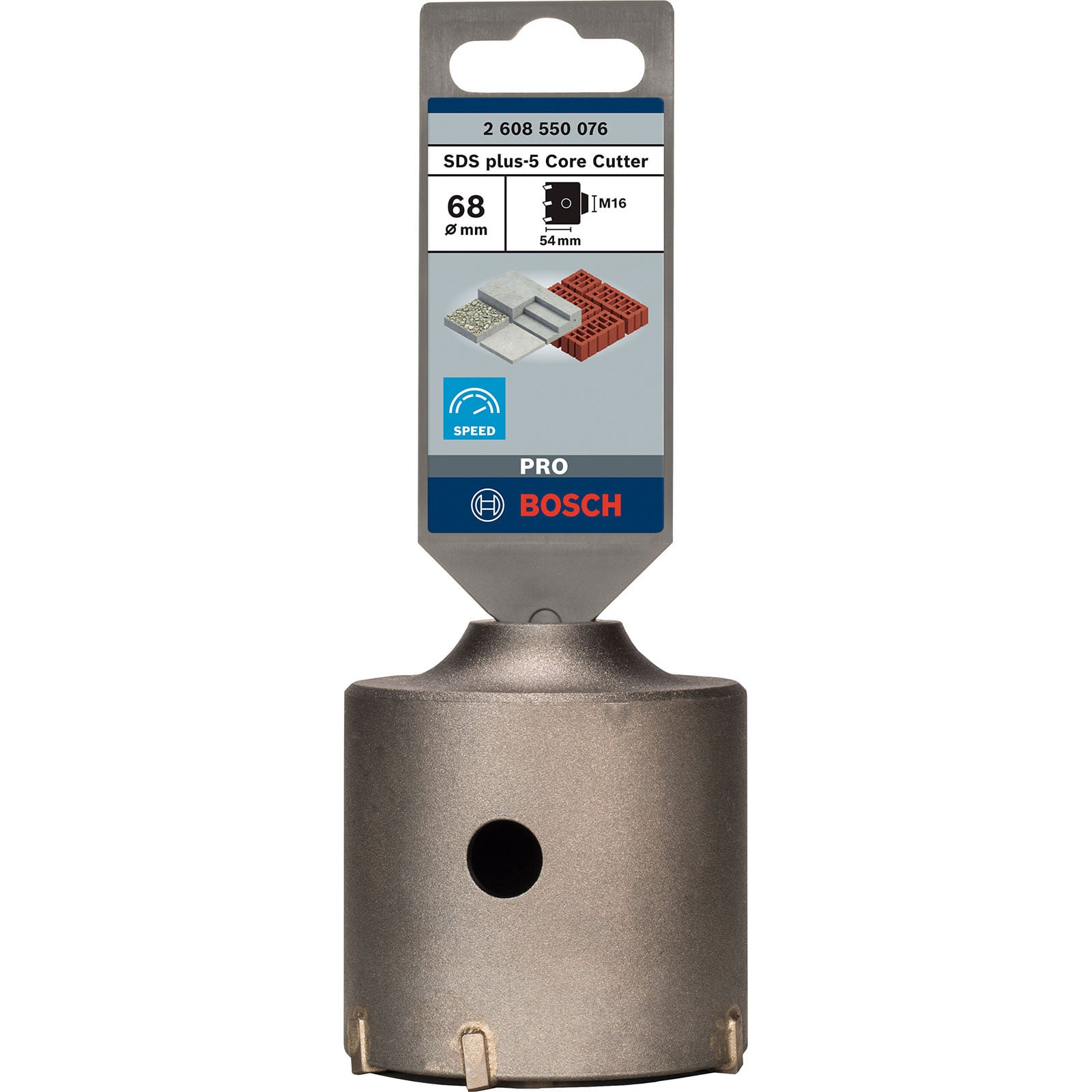 Ein Bosch SDS plus-5 Hohlbohrer mit 68 mm Durchmesser und Verpackungsetikett auf weißem Hintergrund.