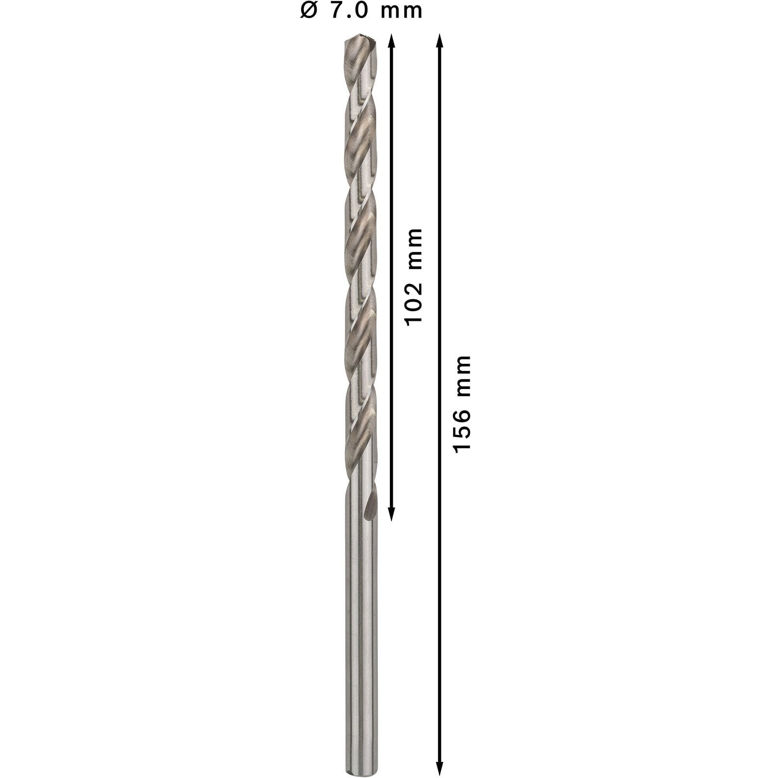 Ein 7,0 mm Spiralbohrer mit 102 mm Spiral- und 156 mm Gesamtlänge auf weißem Hintergrund.
