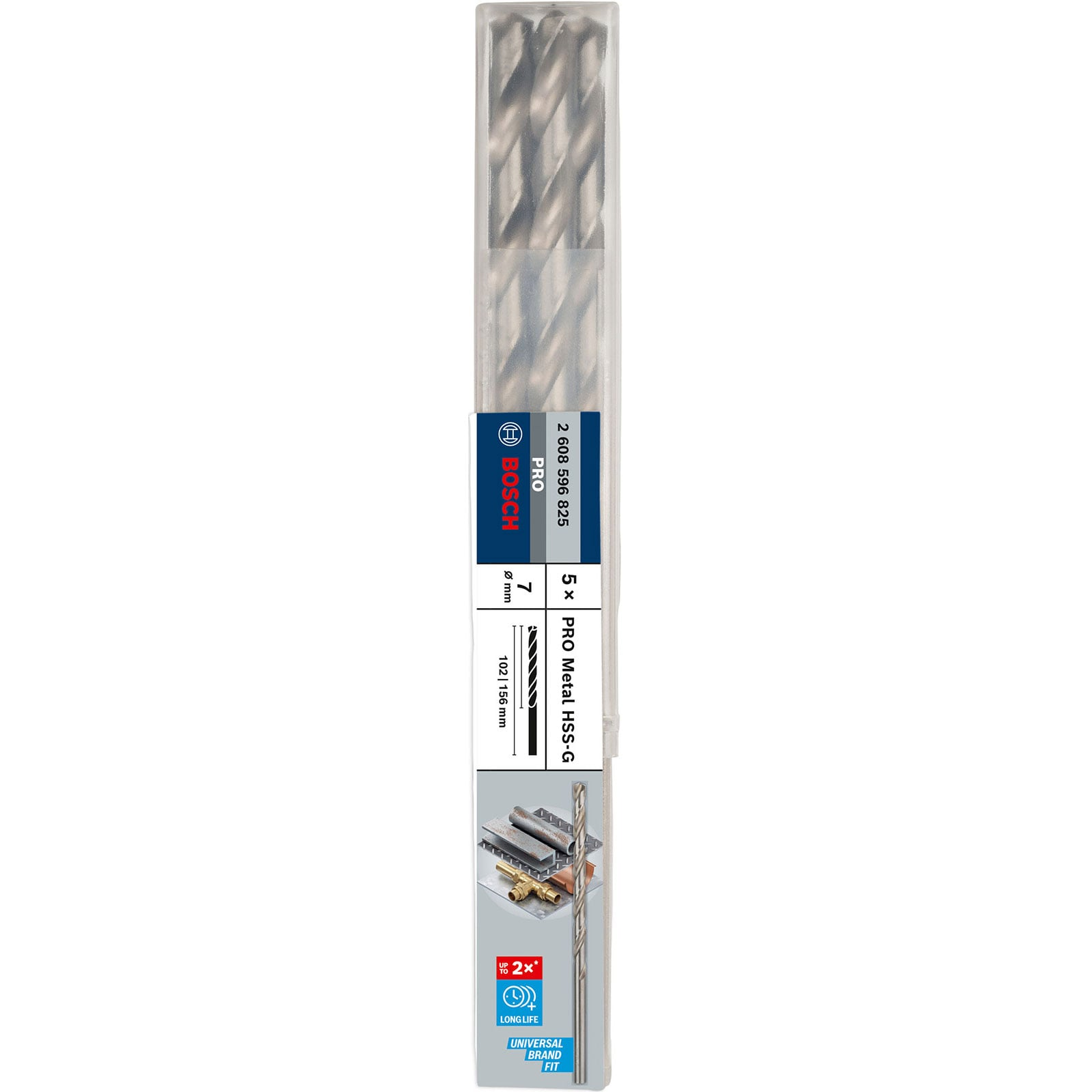 Verpackung mit fünf Bosch HSS-G Metallbohrern, 7 mm Durchmesser.