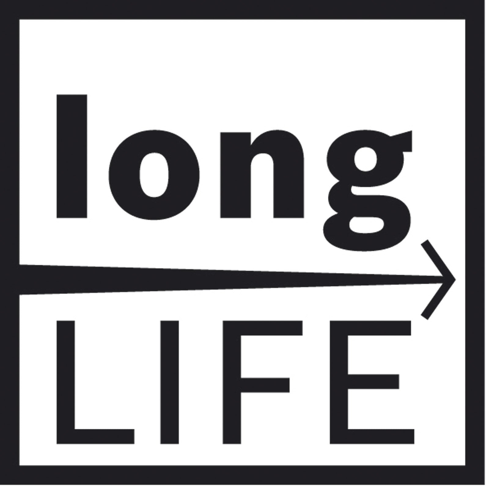 Czarno-białe logo z napisem long LIFE i strzałką w prawo.