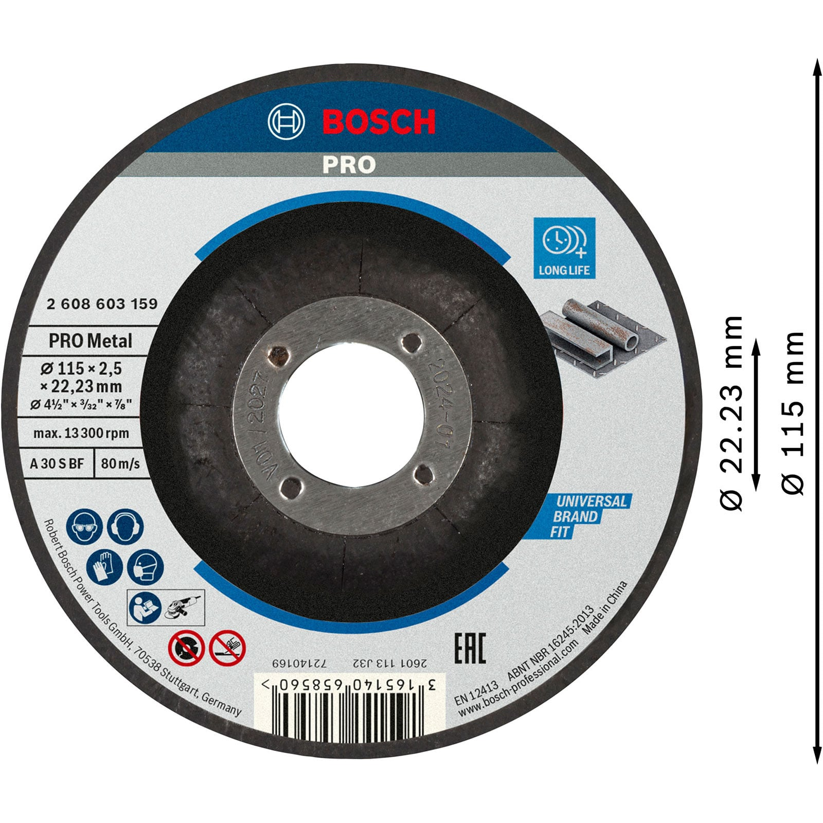 Mola da sbavo Bosch PRO Metal con specifiche, icone di sicurezza e codice a barre.