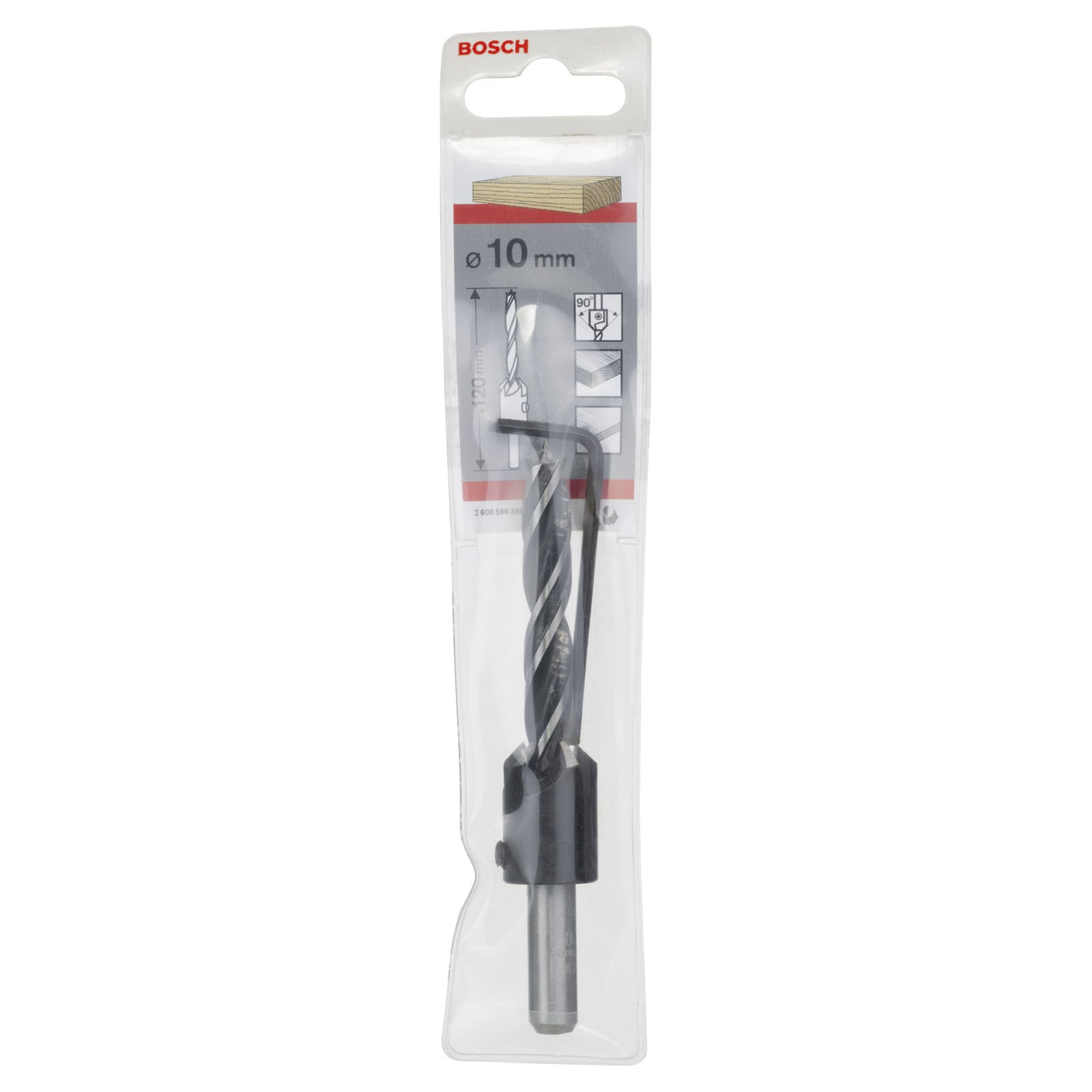 Bosch Holzbohrer 10mm in ungeöffneter Kunststoffverpackung mit Sechskantschlüssel.