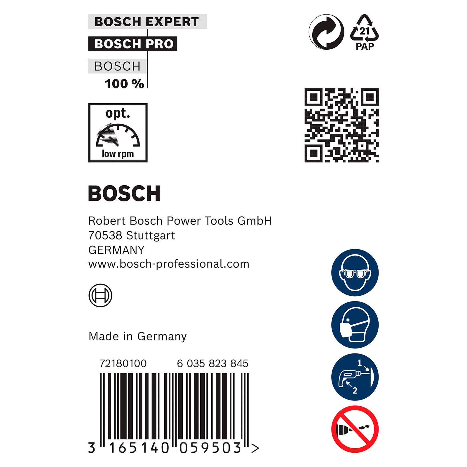 Bosch-Produktetikett mit QR-Code, Strichcode, Herstellerinfos und Sicherheitssymbolen.