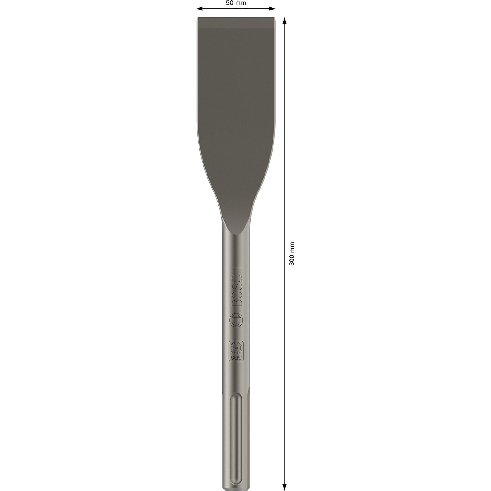 Ein 300 mm langer und 50 mm breiter Bosch Flachmeißel aus Metall auf weißem Hintergrund.