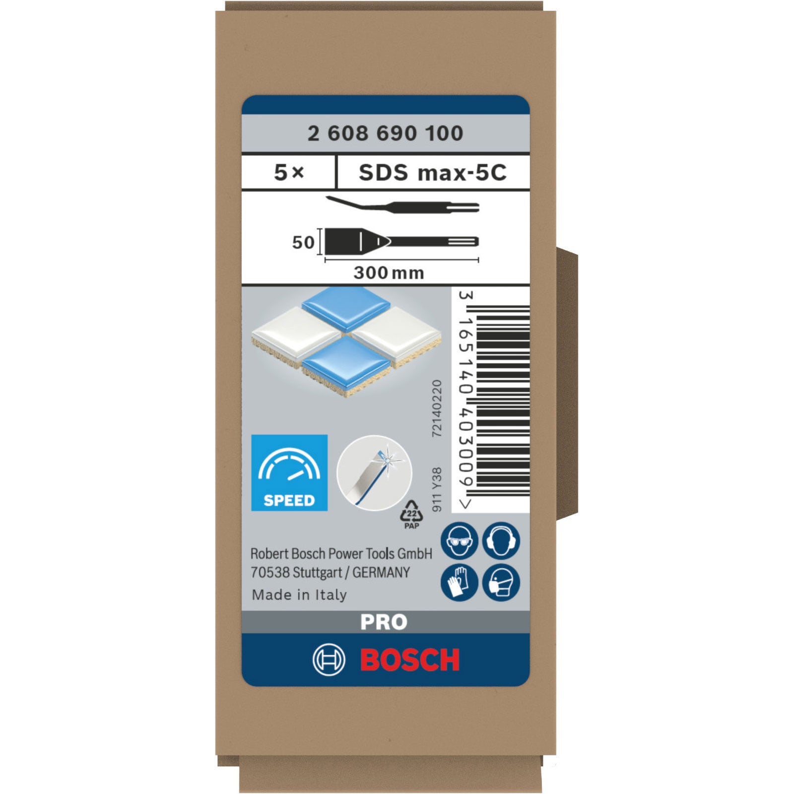 Bosch SDS max-5C Meißel Verpackung mit technischen Details und Sicherheitssymbolen.
